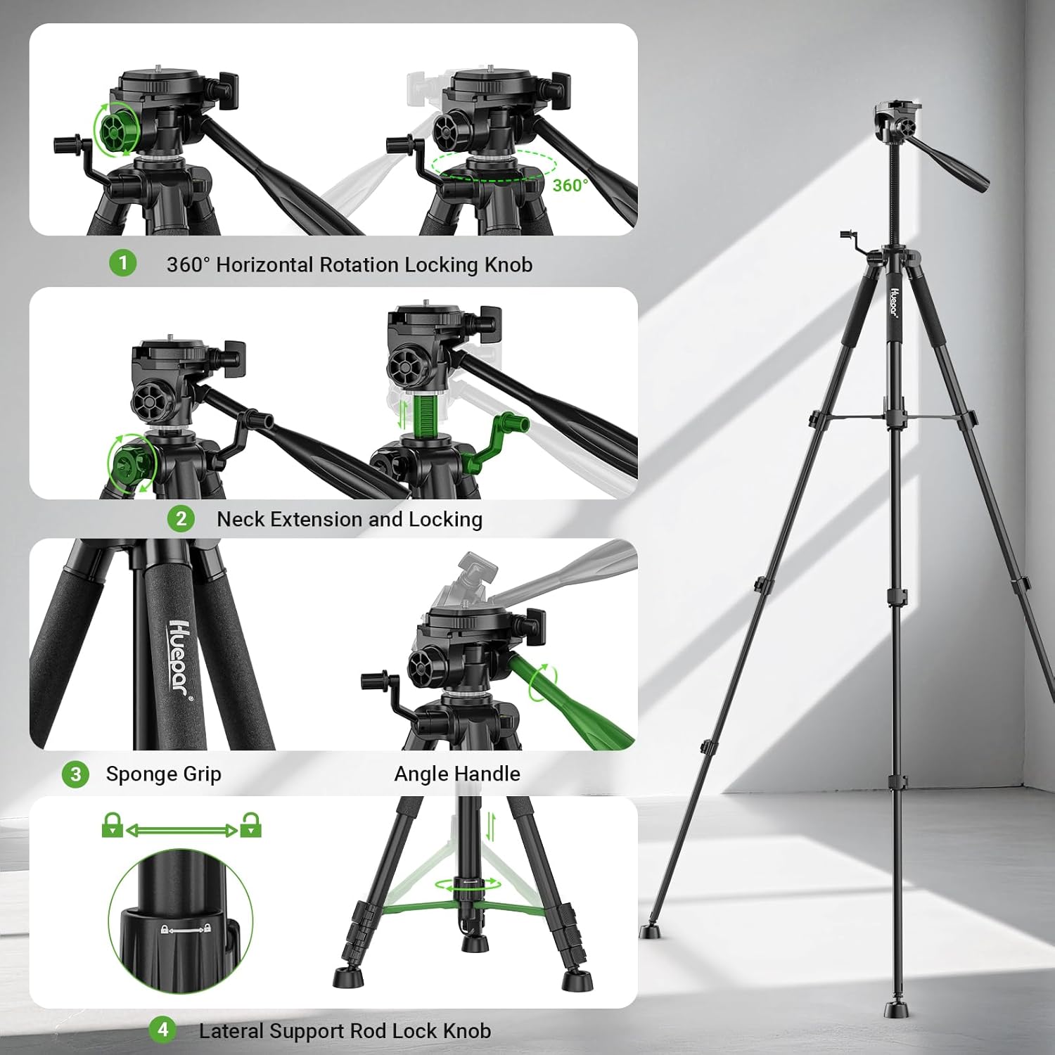 Huepar Tripod 50-inch Extendable Height Tripod Use with Laser Level, Point Lasers, Lazer Distance Measures, 1/4" and 5/8" Thread Mount for for Varieties Tools, Outdoor and Indoor T13A