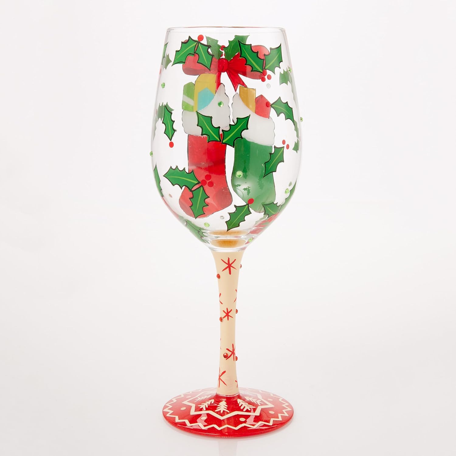 Enesco Lolita Christmas Stockings Hung with Care Hand-Painted Artisan Wine Glass, 15 Ounce, Multicolor - Image 4