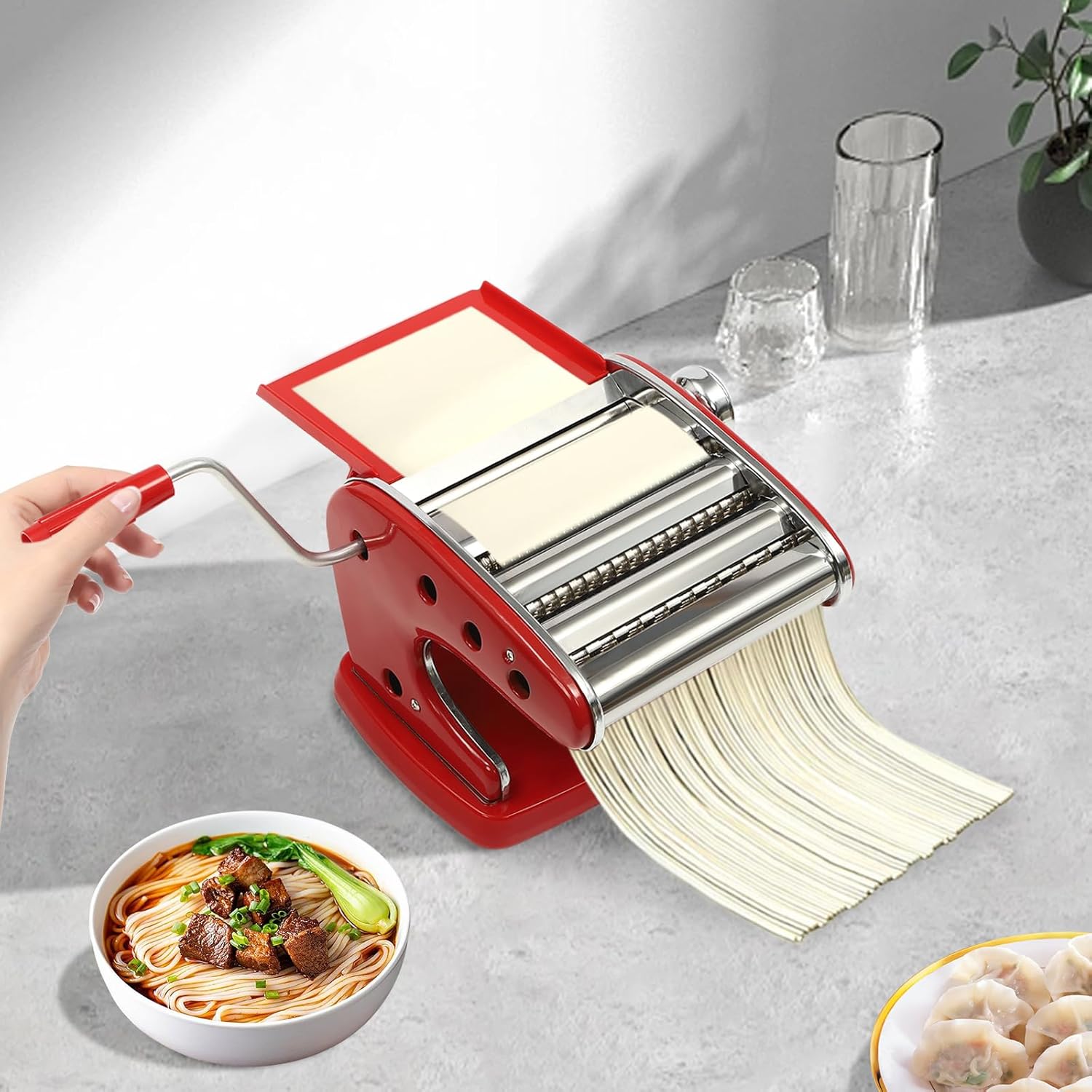 Pasta Maker Machine, Suction Cup Type Manual Pasta Machine 0.01-0.20inch with 6 Adjustable Thickness Settings 4-in-1 Hob Noodle Machine For Making Spaghetti, Fettuccine, Lasagna, Dumpling (Red)