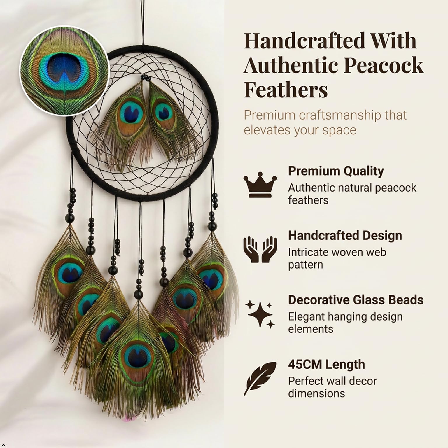 THE URBAN ARTISTIC Handcrafted Peacock Feather Dream Catcher Wall Hanging - Wooden, Bedroom Living Room Decor, Positive Energy, Multicolor Natural Feathers, Diwali Housewarming Gift, 45x18cm, Black 1