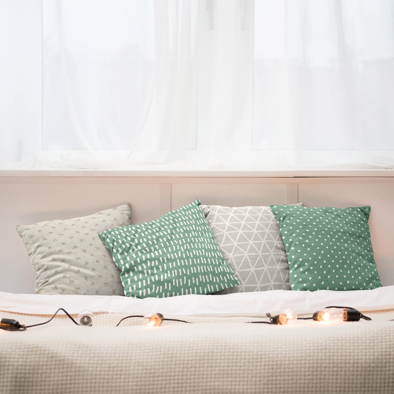 Ambesonne Modern Throw Pillow Cushion Case Pack of 4, Polka Dots Hand Drawn Plus Signs Triangles Mesh Minimalist Neutral Design, Modern Accent Double-Sided Digital Printing, 16", Jade Green Pale Tan
