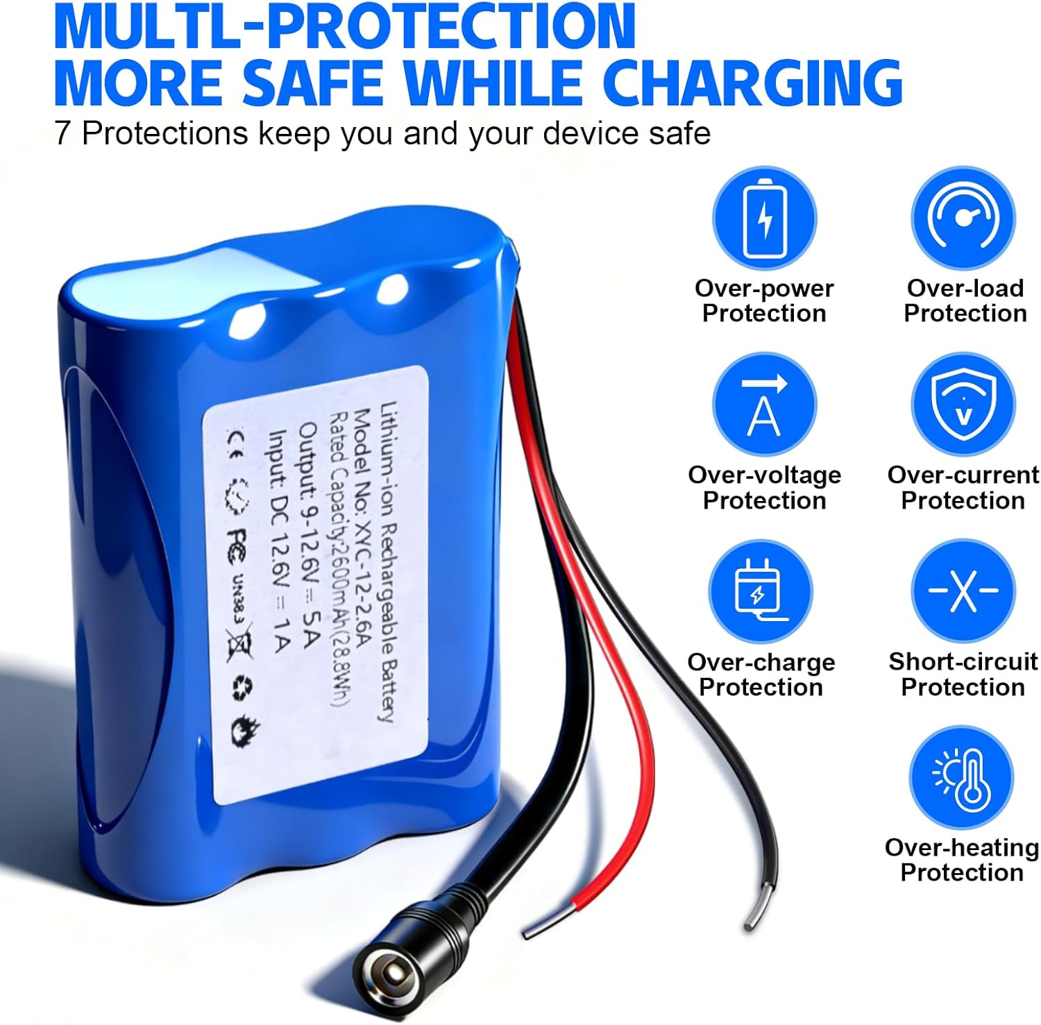 12V 2600mAh Rechargeable Li-ion Battery with Charger, Bare Leads Wire Battery Pack Perfect for DIY Project, Speakers, RC Car, Robot Toys, LED Light Strip, CCTV Camera (12V 2600mAh)