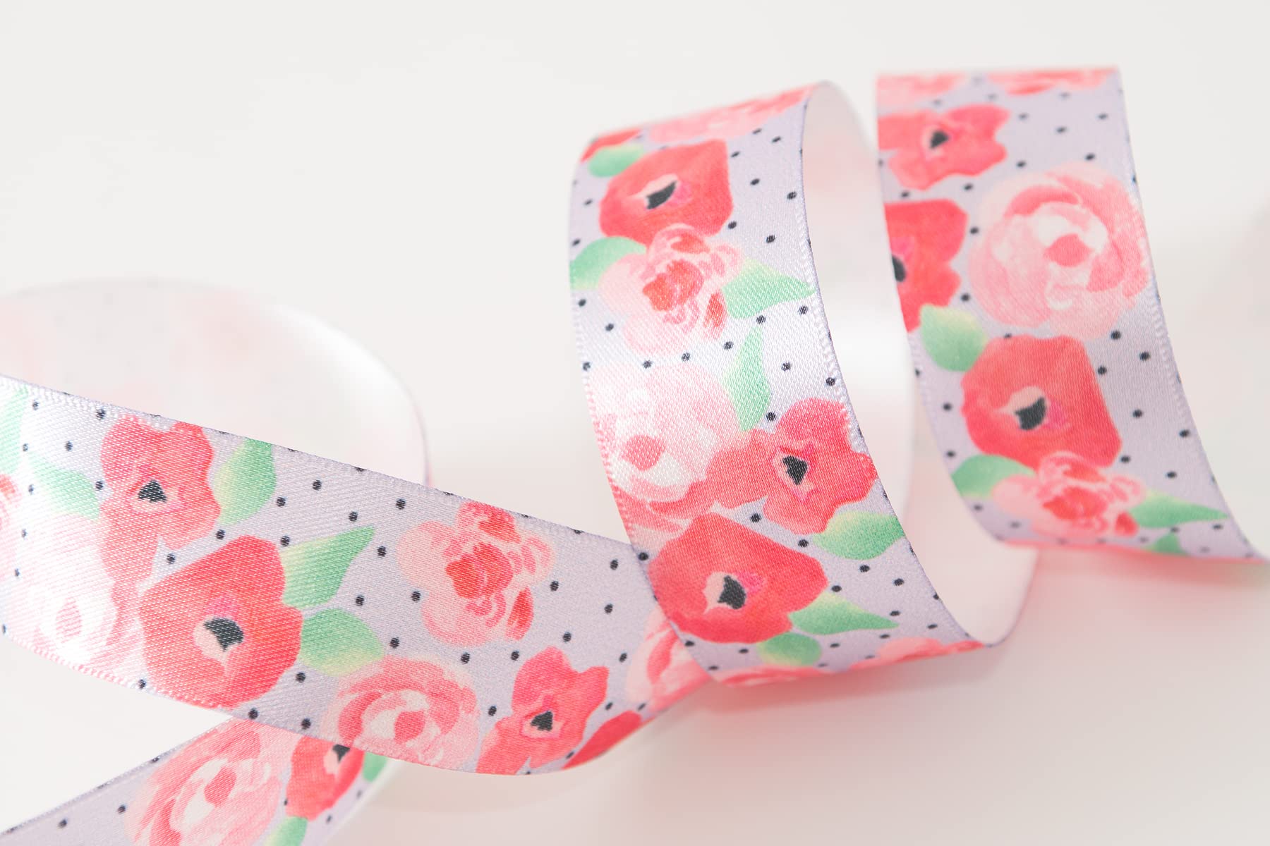 Berisfords Satin Patterned Ribbon ‘Fleur’ Multicolour on Lilac 25mm Wide 20m Reel, Lilac/Multi, 25mm x 20m - Image 3