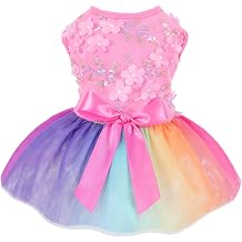Dog Dress, Tulle Princess Dog Dresses for Small Dogs Girl with Bowknot Female Elegant Doggie Summer Birthday Dress Puppy Clothes for Holiday, Party,WeddingRainbow Flowers