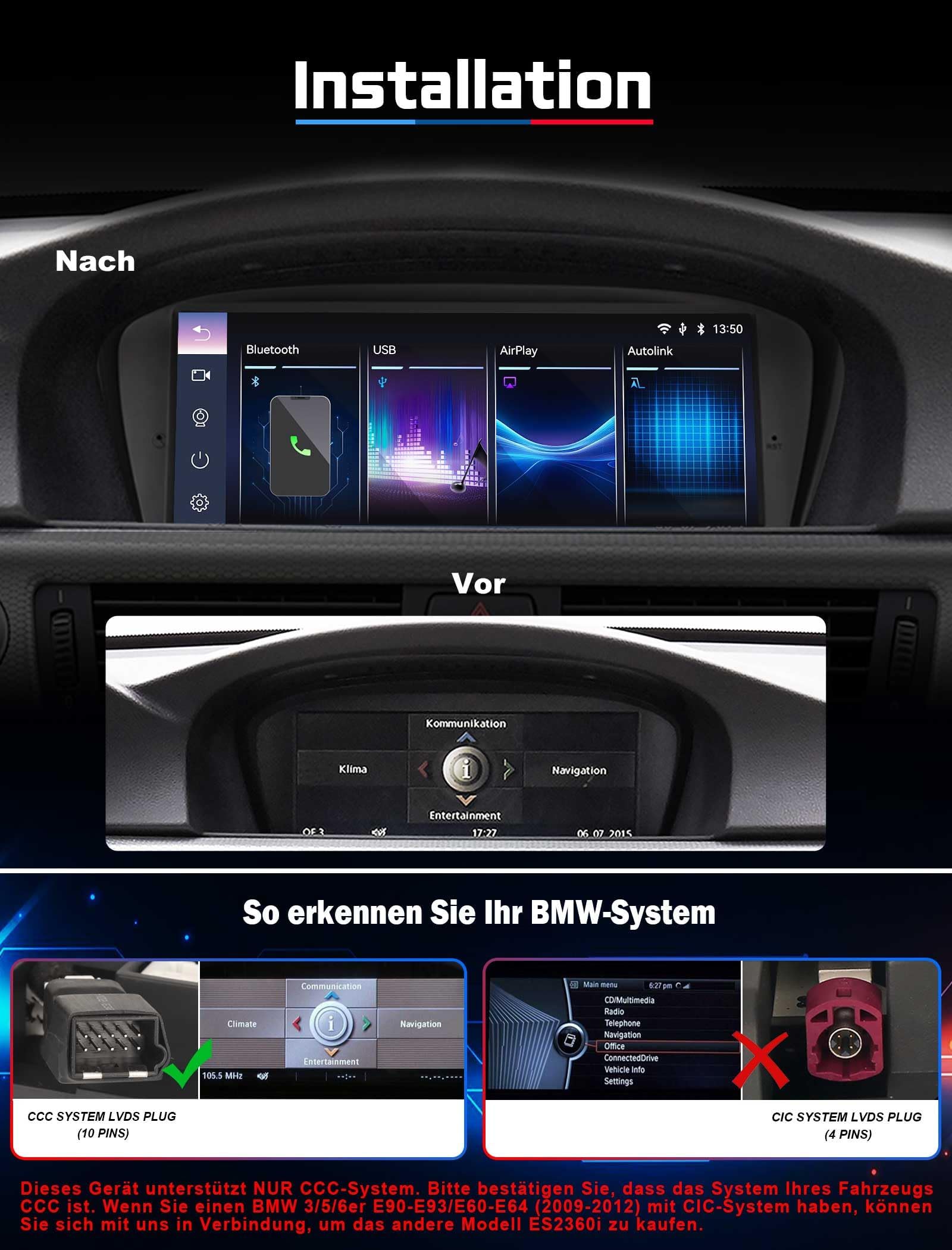 Erisin 8.8" Linux Autoradio für BMW 3er E90 E91 E92, 5er E60 E61, 6er E63 E64 CCC – GPS Navigation Bluetooth 5.1 Wireless CarPlay Android Auto, Mirror Link, Canbus, OEM Funktionen Behalten iDrive