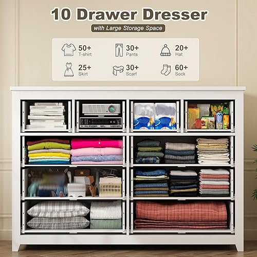 Miniatura 3 de EnHomee Cómoda de 10 cajones para dormitorio, cómoda grande y cómoda para dormitorio, cómoda moderna de madera blanca para ropa y suministros de