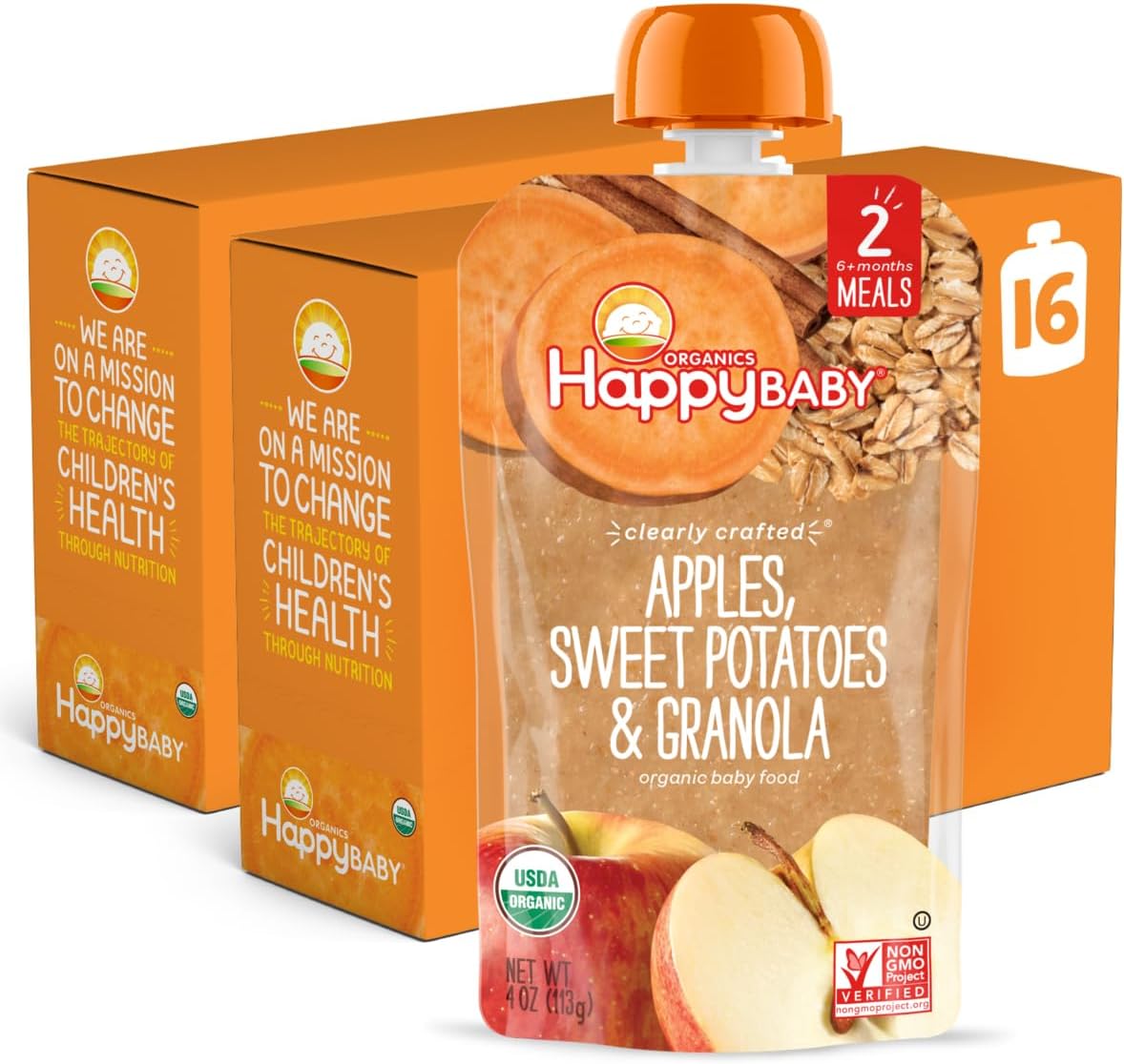 Happy BabyClearly Crafted Stage 2 Meals Organic Baby Food, Apples, Sweet Potatoes & Granola, 113g Pouch