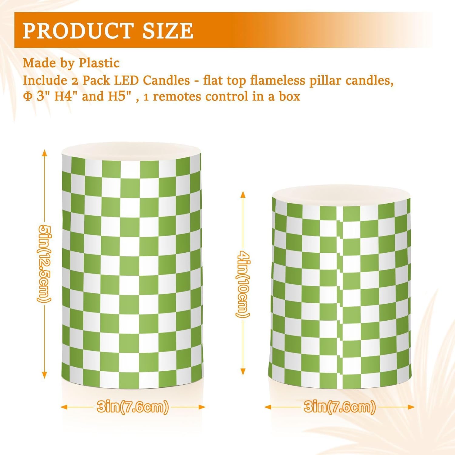 Light Green White Checkered Flickering Flameless Candles LED Battery Operated with Remote Timer Pillar Candles for Home Birthday Wedding Christmas Decor, Set of 2