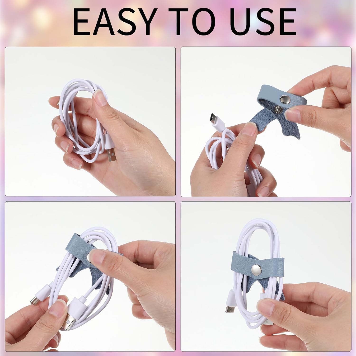6 Pcs Charger Holders for Cords, Bow Cord Keeper Charger Cords Holder Cable Straps Wire Organizer PU Leather Cable Management Storage Strap for Electronics USB Earbuds (Classic Color)