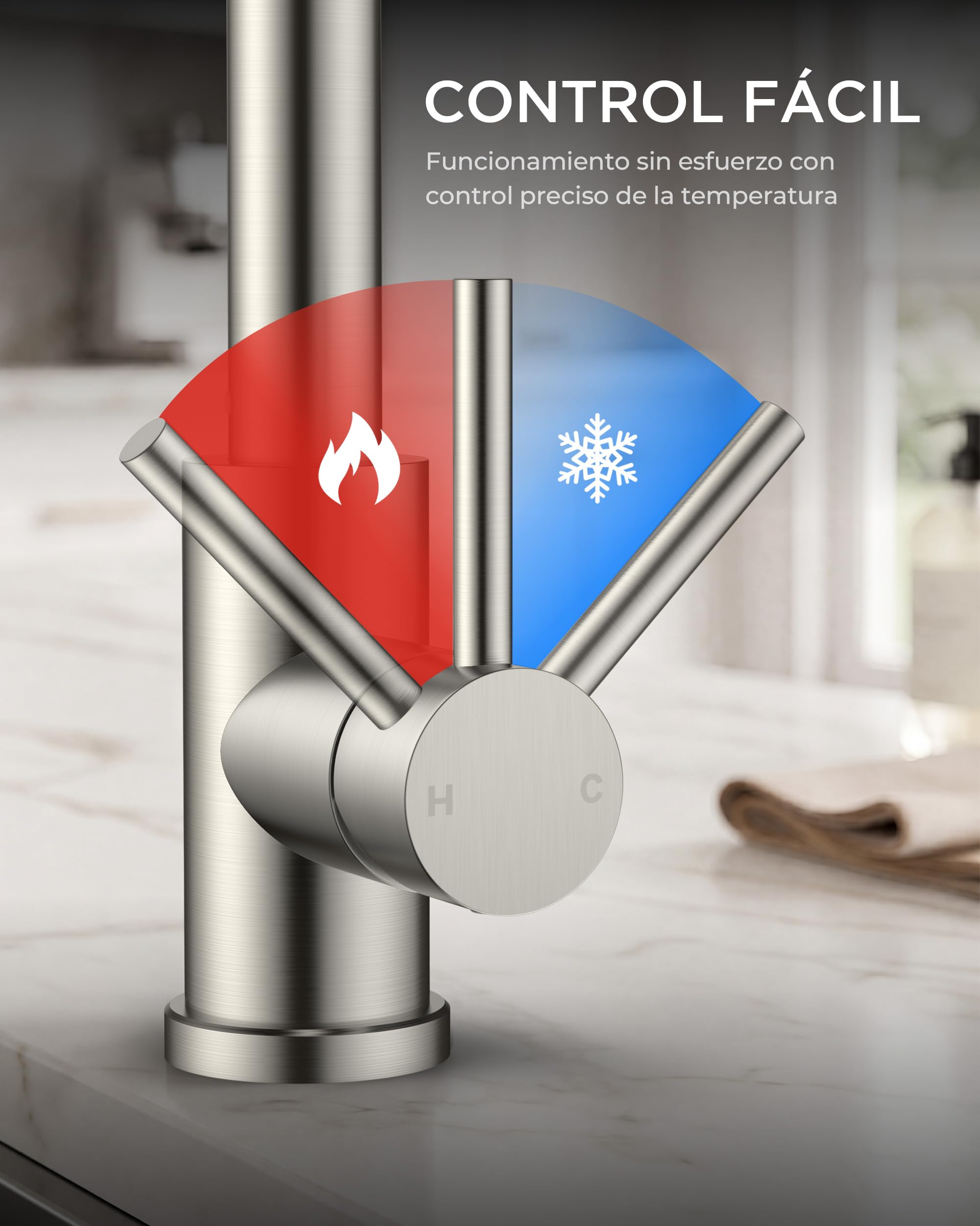 FORIOUS Grifo Cocina, Grifo Cocina Fregadero Extraíble, Grifo Monomando Cocina con 3 Funciones de Rociado, Grifo de Fregadero con Resorte Giratorio a 360°, Acero Inoxidable