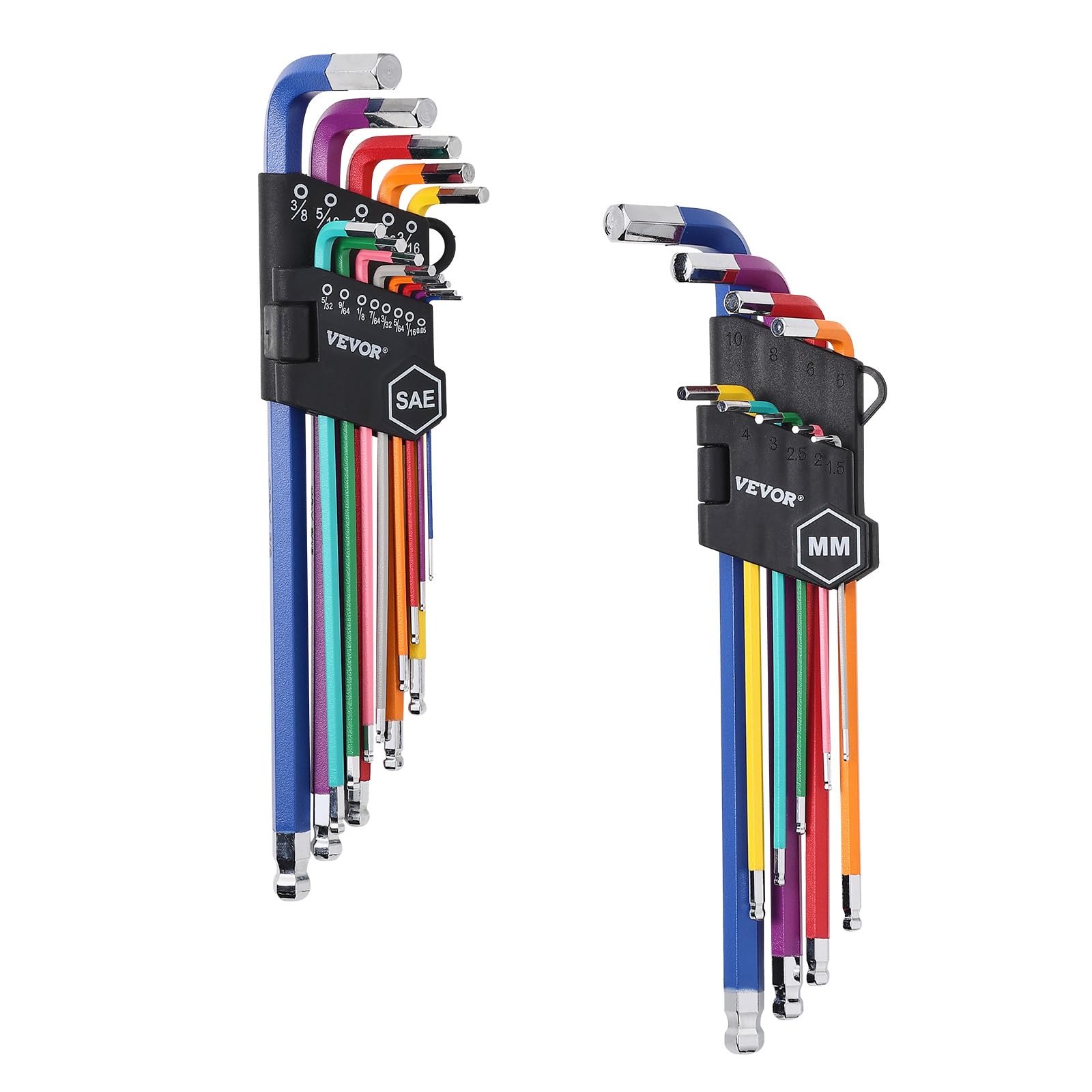 VEVOR Sechskantschlüssel-Set, 22-teilig, SAE (0,050-3/8 Zoll) und metrisch (1,5–10 mm), Farbcodierungs-Inbusschlüssel-Sets mit Kugelende, langer Arm L-förmiger Sechskantschlüssel für Fahrrad,