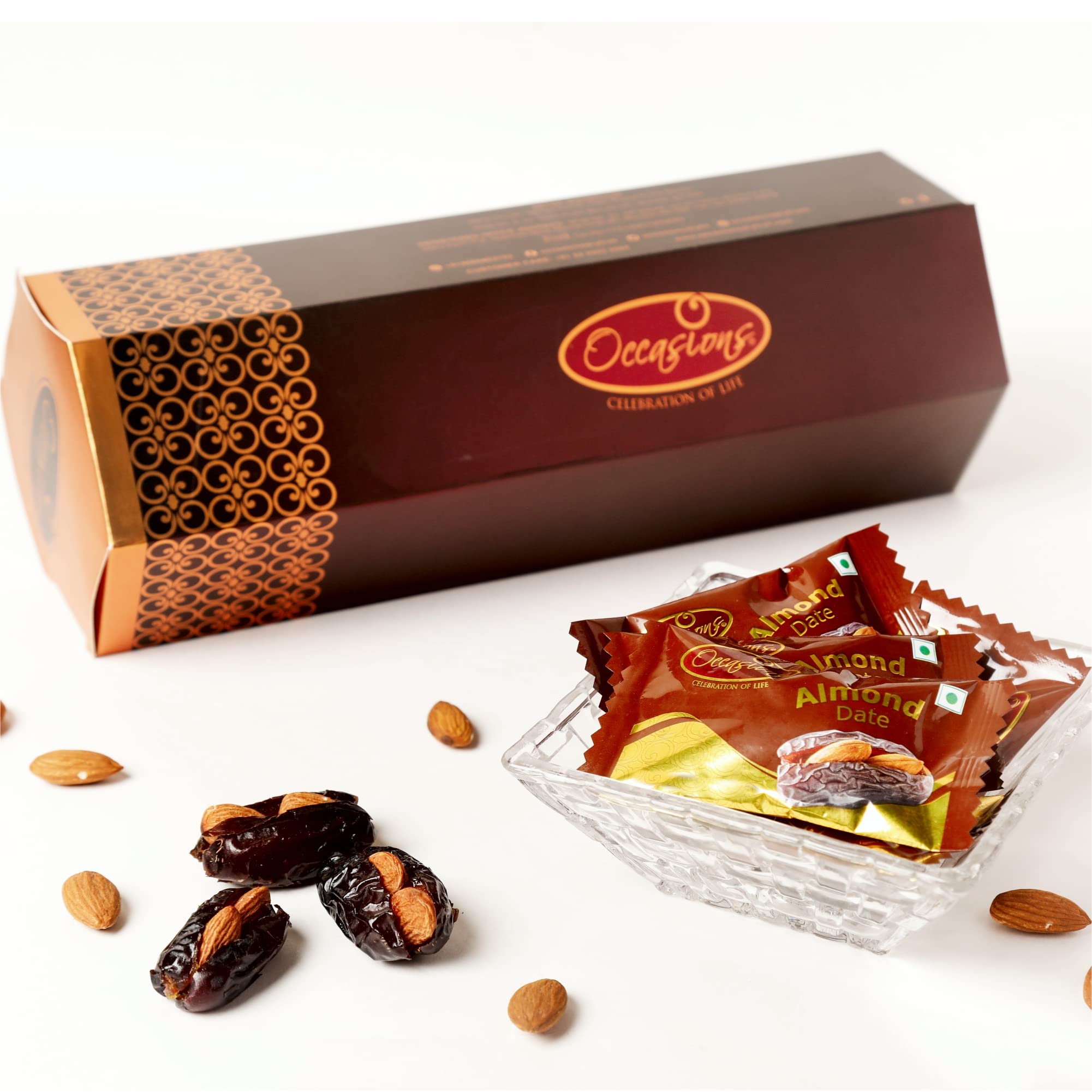 Occasions Delicious Dates Stuffed with Roasted Almond 500 grams (40pcs) - Crunchy Delightful Taste - Healthy Snacks for Family - Perfect Home Office Gift Idea