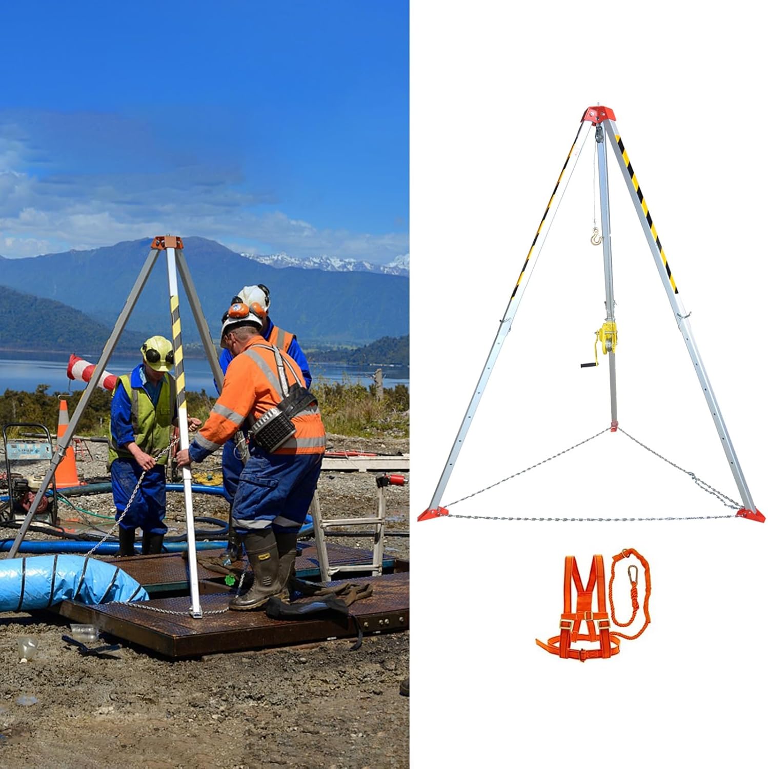 Adjustable Confined Space Tripod with Safety Belt for Sewerage, Fire Rescue Equipment for Cable Trench, Well & Tunnel, Aluminum Expandable Legs with Reflective Strips, 1200lbs Capacity (65'