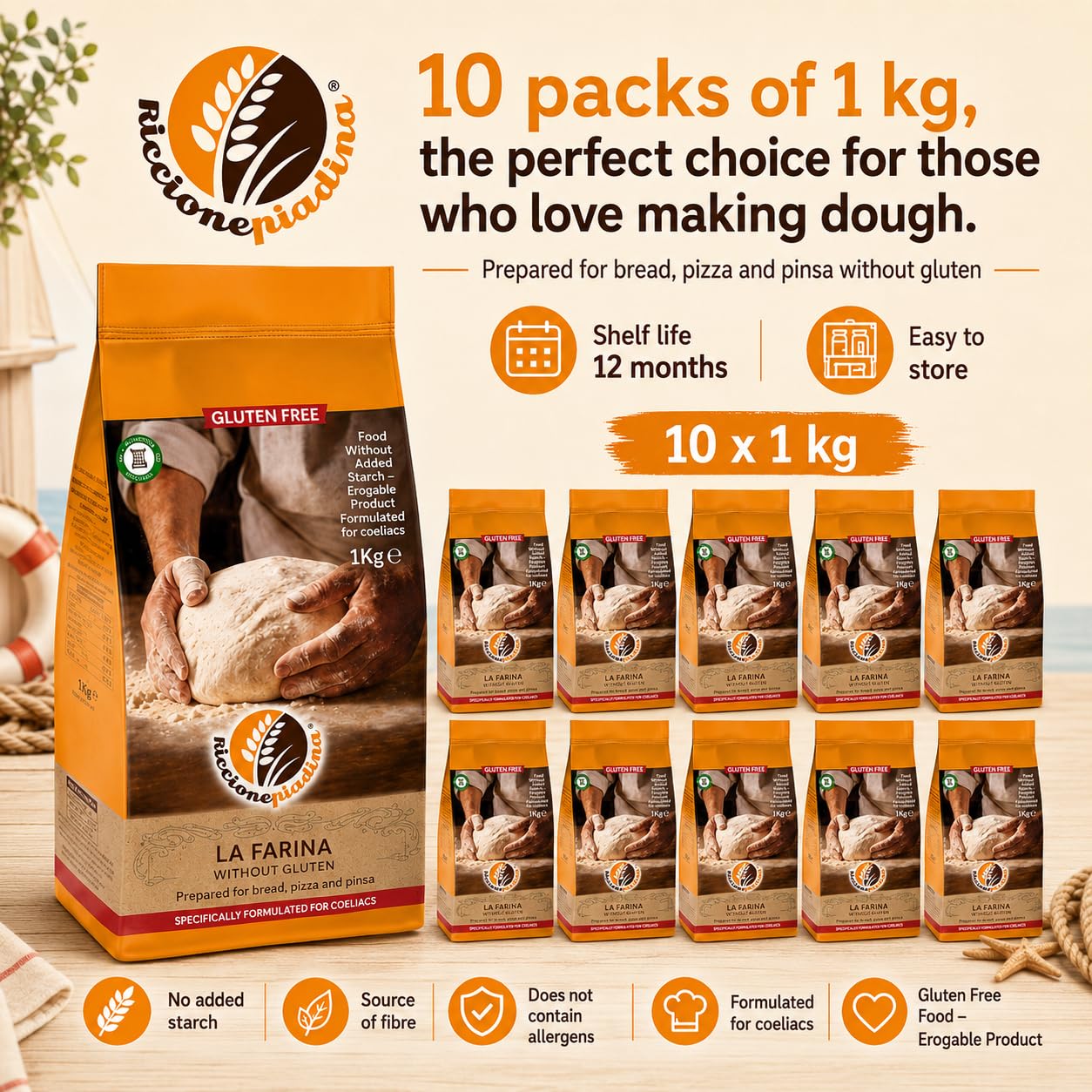 Riccione Piadina Farina Senza Glutine 10 pezzi da 1 kg - Preparato per Pane, Pizza e Pinsa - Mix Universale per Lievitati, Fonte di Fibre, Senza Amido Deglutinato, Formulato per Celiaci