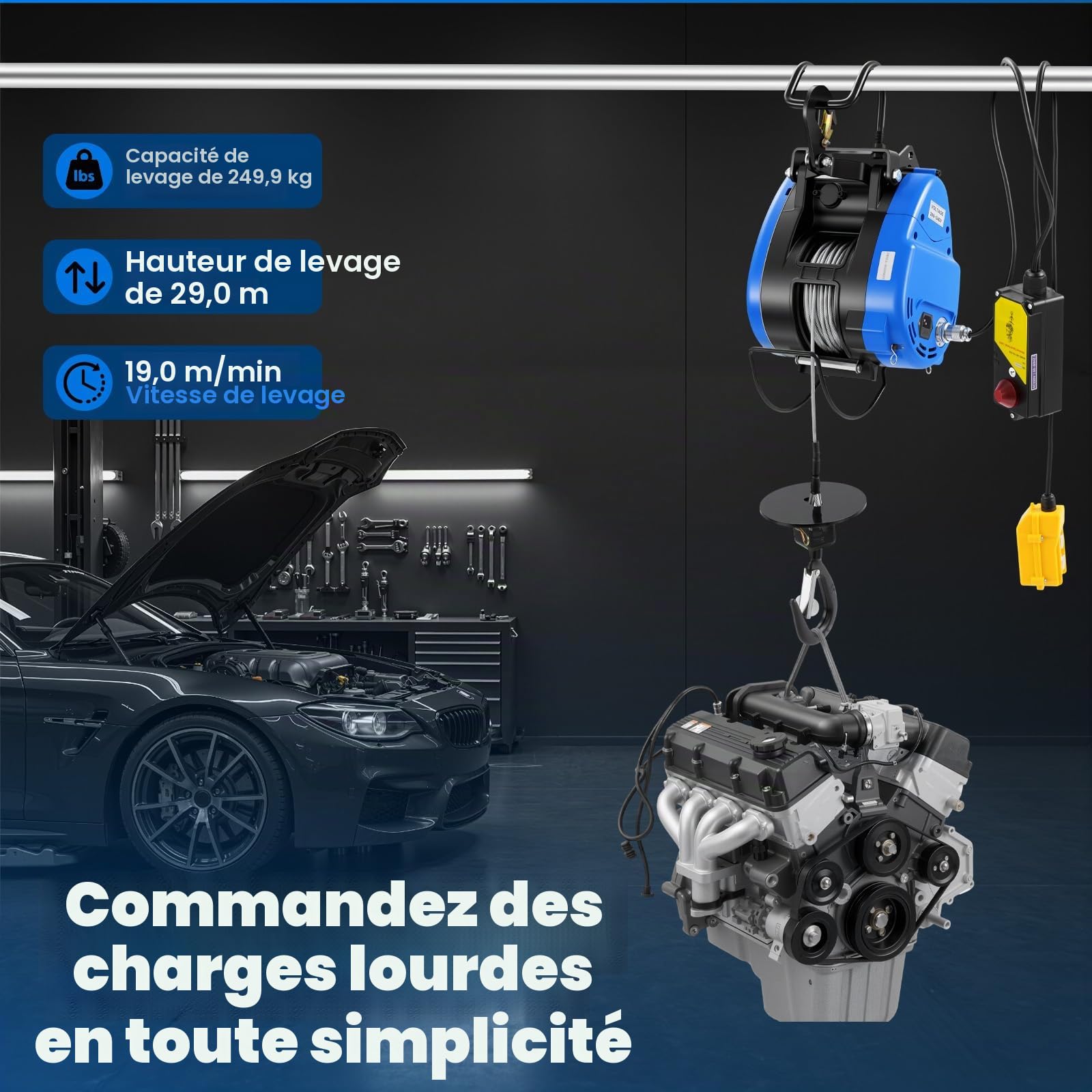 Treuil électrique 220V 1500W – Treuil électrique à câble Grue de Levage Treuil Motorisé 30M Palan à Câble+Télécommande 250KG Avec Câble+Interrupteur d'arrêt d'urgence Classe de Protection
