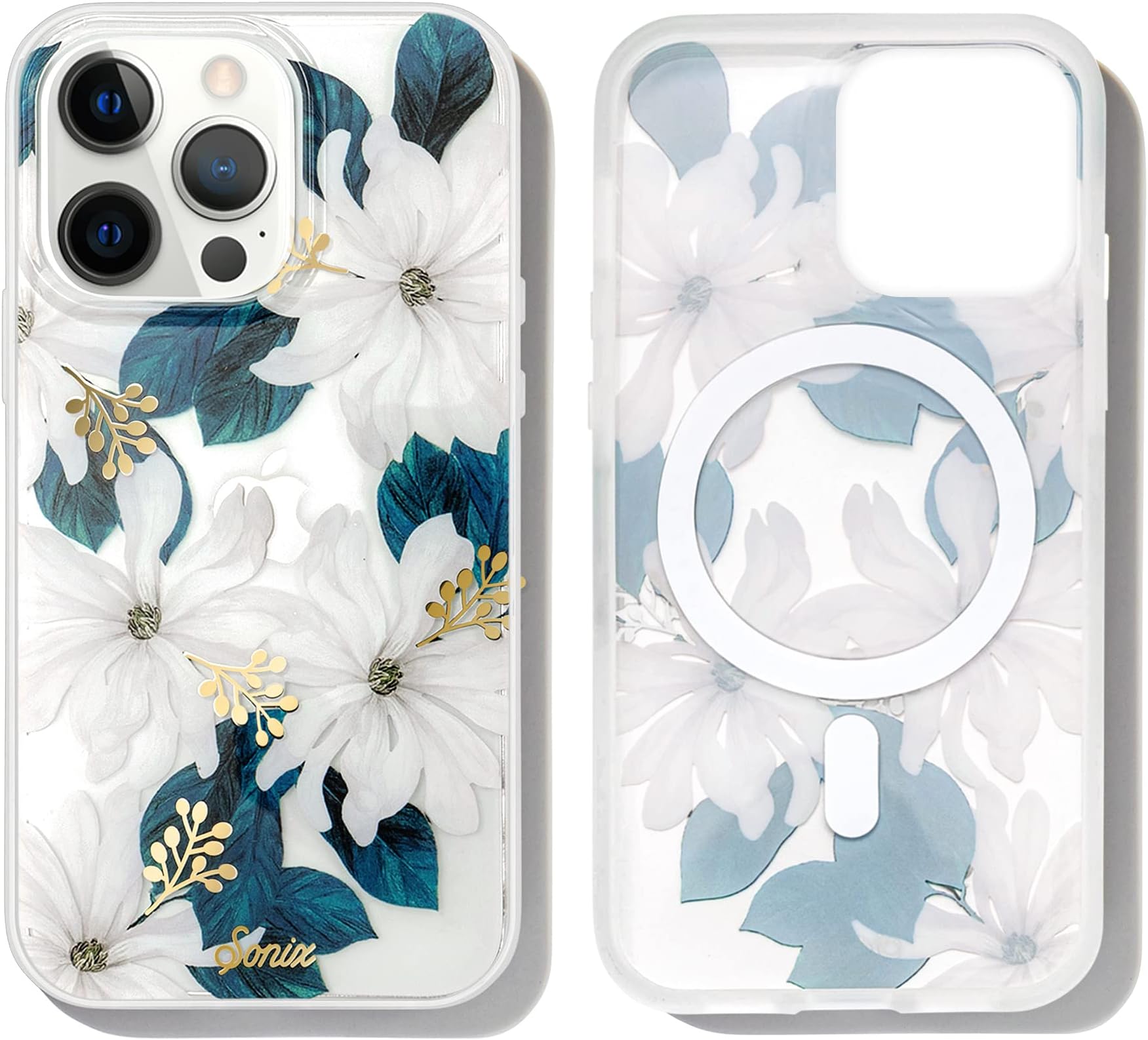 Sonix Phone Case for iPhone 13 Pro Max / 12 Pro Max | Compatible with MagSafe | 10ft Drop Tested | White Flower Print with Gold Foil | Delilah