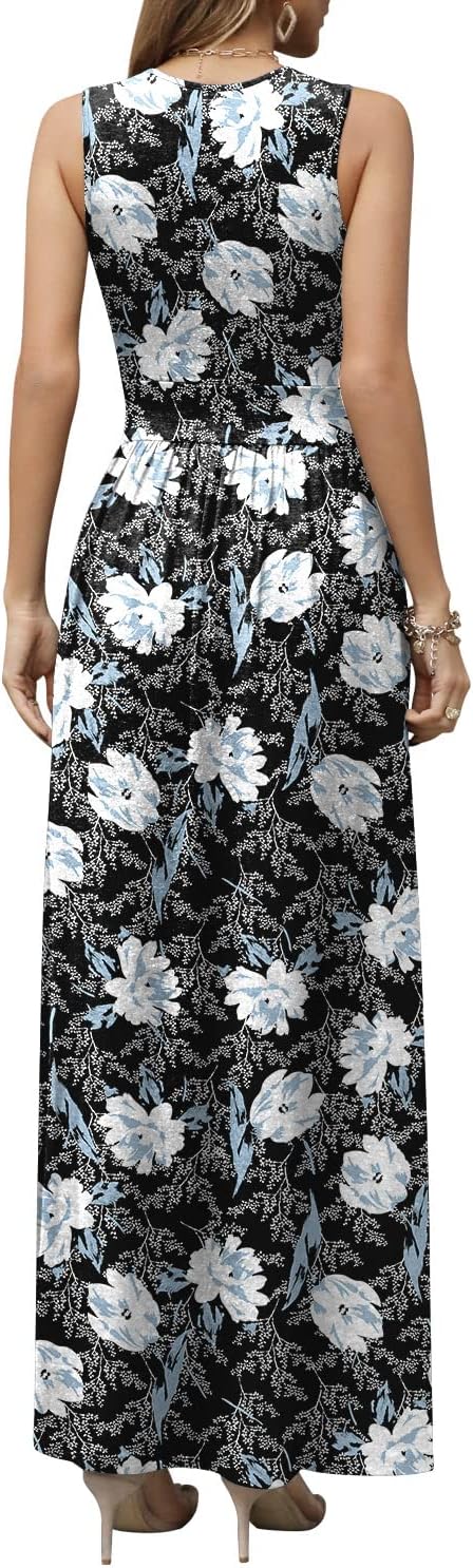 CATHY Women's Casual Sleeveless Deep V Neck Beach Waist Maxi Dresses with Pockets