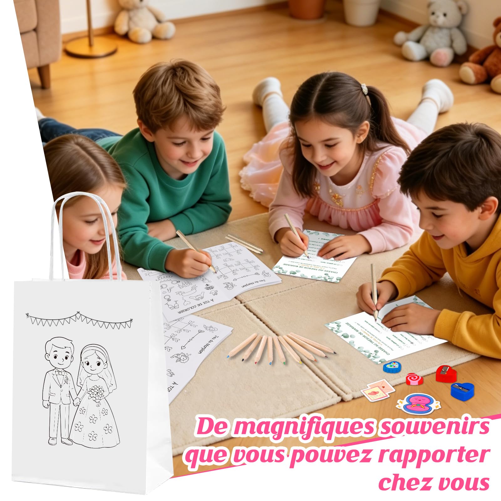 24-teiliges Geschenkset für Hochzeit und Kinder, 244 Teile, Herausforderungsbücher, Fotos, Hochzeit, Kinder, mit Buntstiften, selbstklebend und Geschenktüten für ruhige und verspielte Aktivitäten für