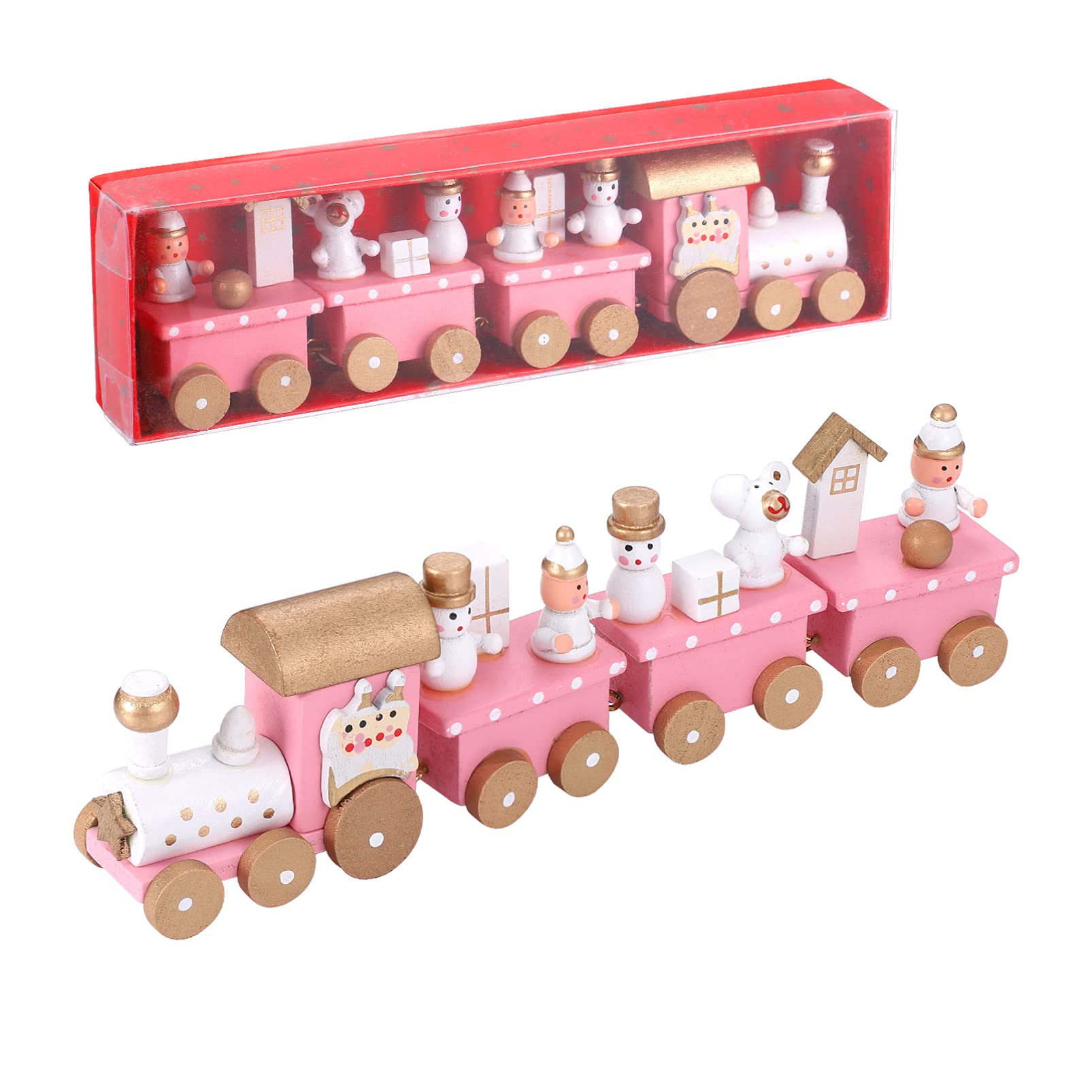 Decoración del hogar, adorno de Santaur, tren de madera de Navidad, mini juguete de tren de 4 secciones con muñeco de nieve y riel de tren, juego de juguetes para niños, decoración de fiesta