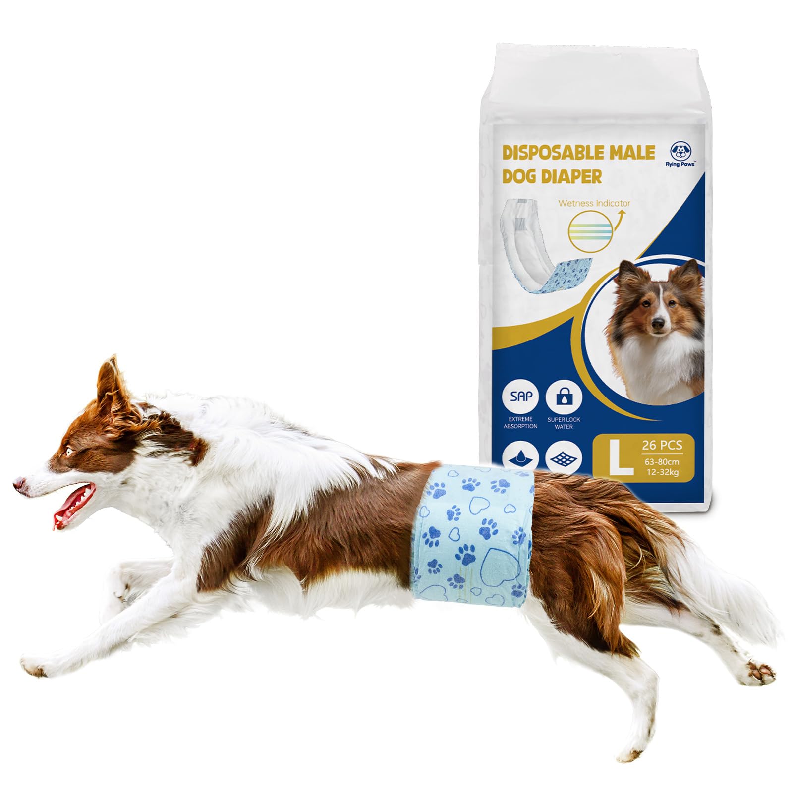 Flying Paws Pannolini per Cani, L-52 Pezzi Assorbenti con Indicatore di Umido, Protezione Antifughe, Ideale per Incontinenza, Viaggi e Addestramento