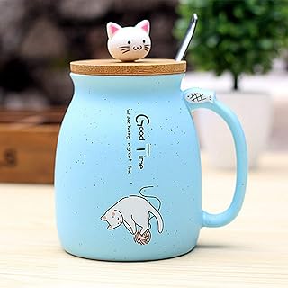 Tiamu Belle Chat Tasse en Céramique, Mugs Tasses à Café, Tasse de Chat avec Cuillère et Couvercle en Bois pour Fournitures de Bureau Cadeaux(Bleu)