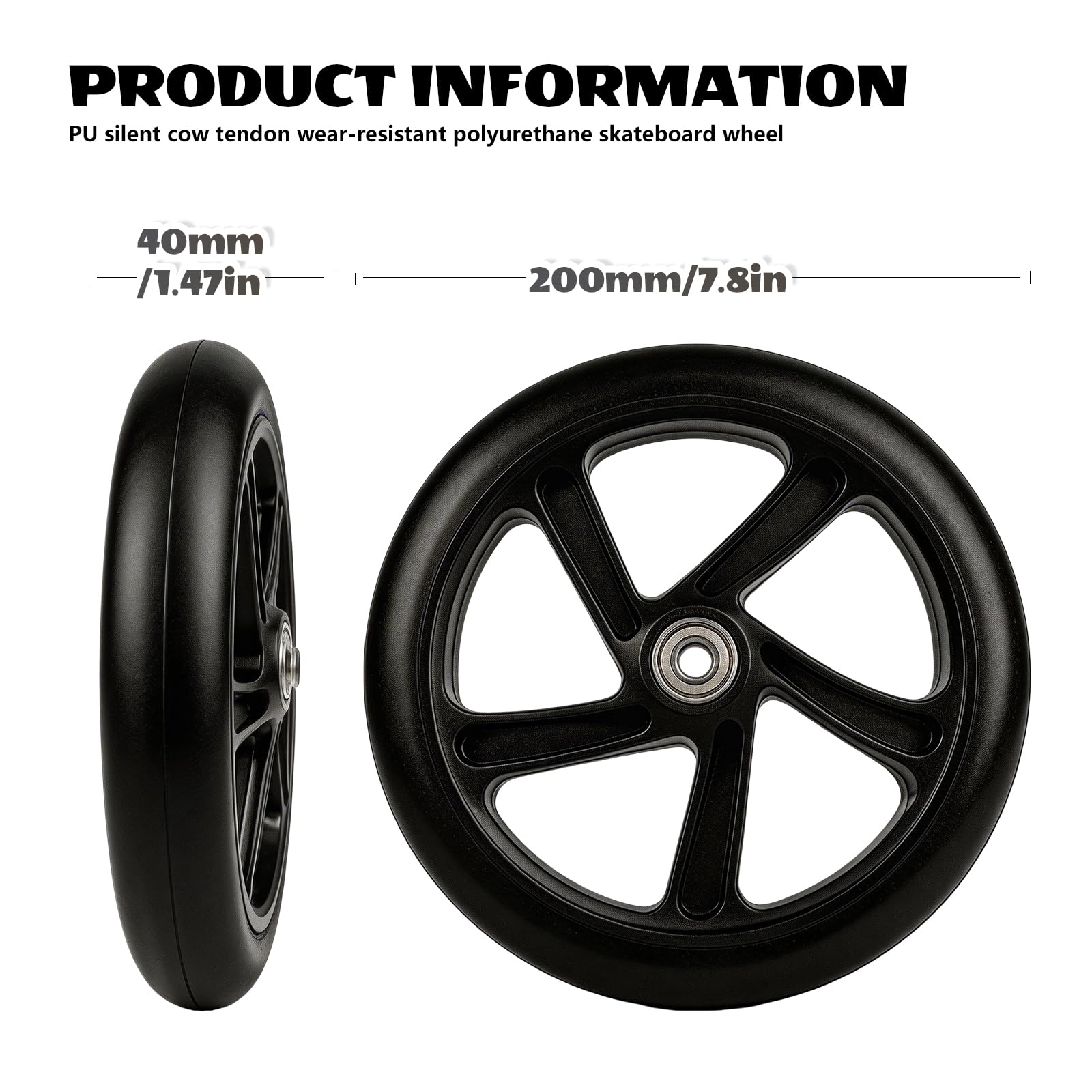 Ruote Scooter 200mm, 2 Pezzi Ruote di Ricambio per Scooter con Cuscinetti ABEC-7, Ruote City Scooter Antiscivolo per la Maggior Parte dei Monopattini (200 x 40mm Nero)