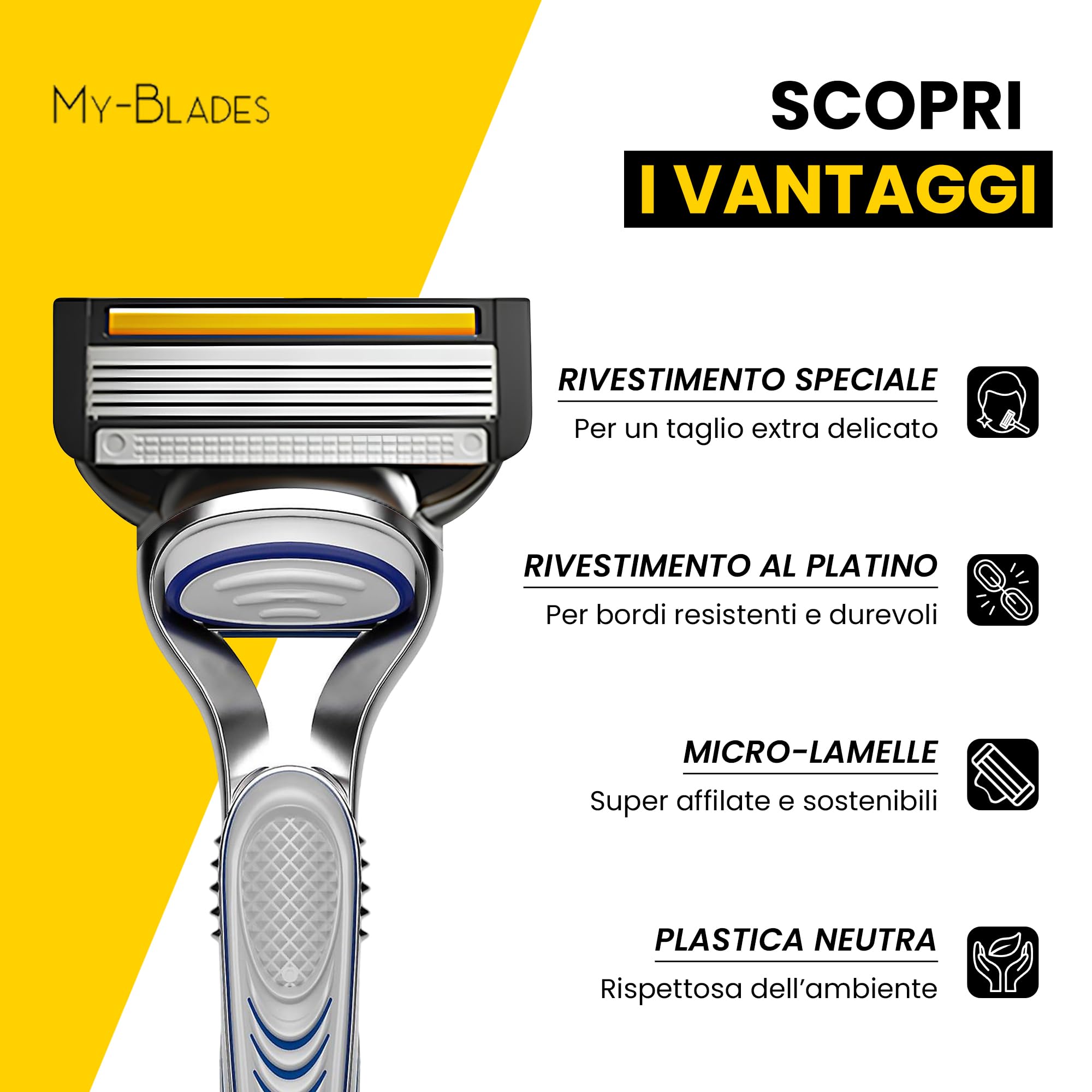 My-Blades - Lamette da rasoio compatibili con Gillette Fusion 5, braccio in plastica, 16 lamette di ricambio a 5 lame