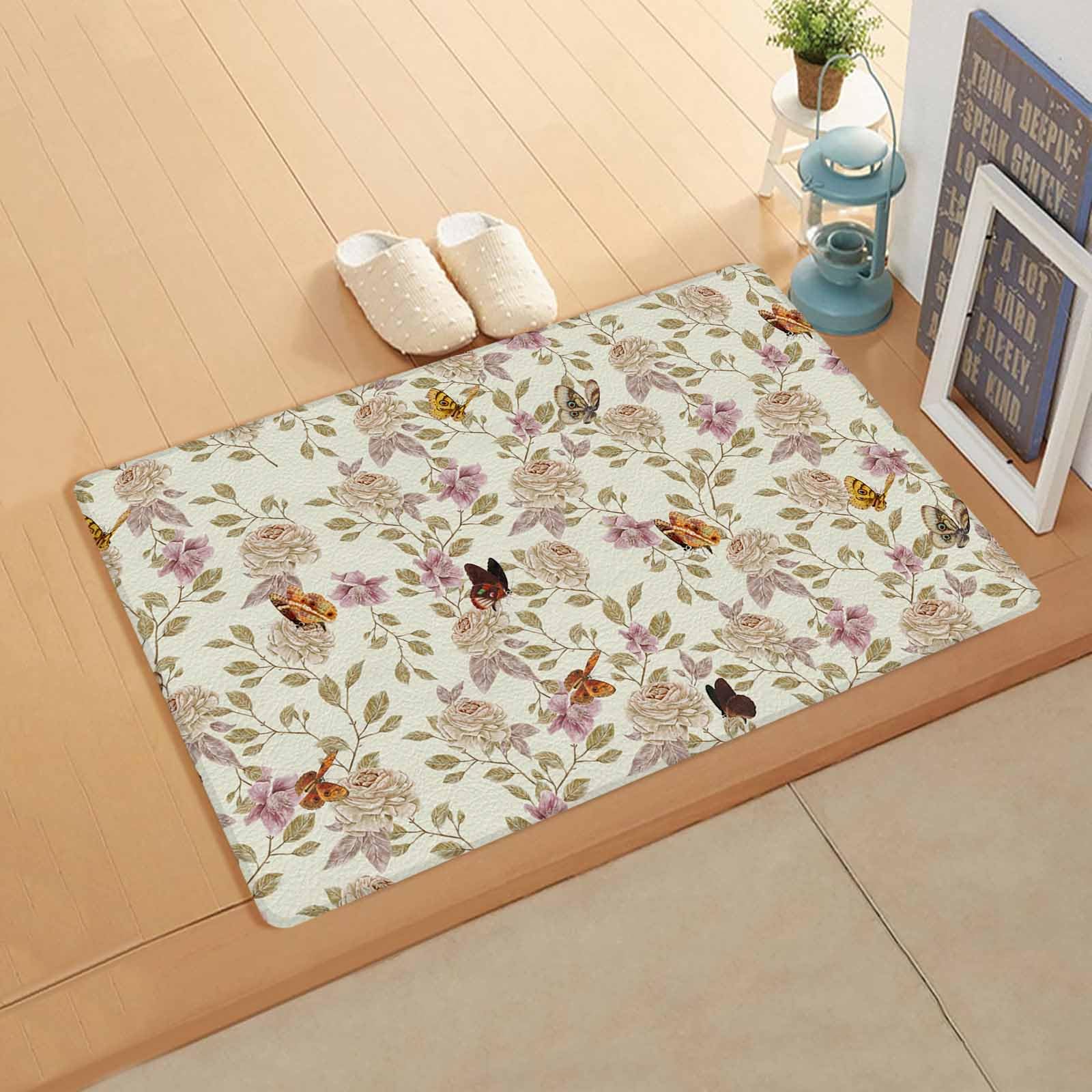Beige Floral Antifatigue Kitchen Bath Door Mat Cushioned Runner Rug,Washable Welcome Floor Sink Mat,Waterproof & Non-Slip Kitchen Standing Doormat,Retro Botanical Romantic Leaves Garden Herb 24