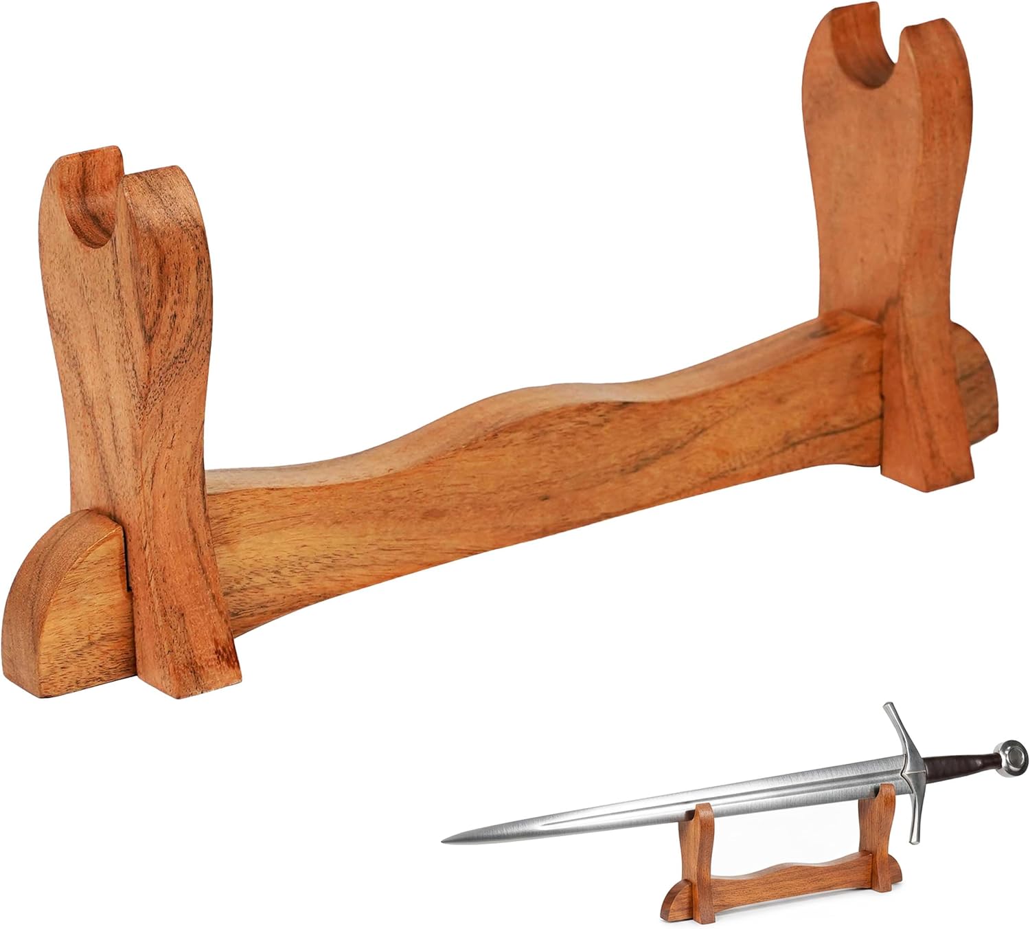 Mythrojan Medieval Sword Stand Solid Wood Horizontal Display Rack for Katana, Samurai, Gladiator, Crusader Swords Elegant Tabletop Holder, 1-Tier