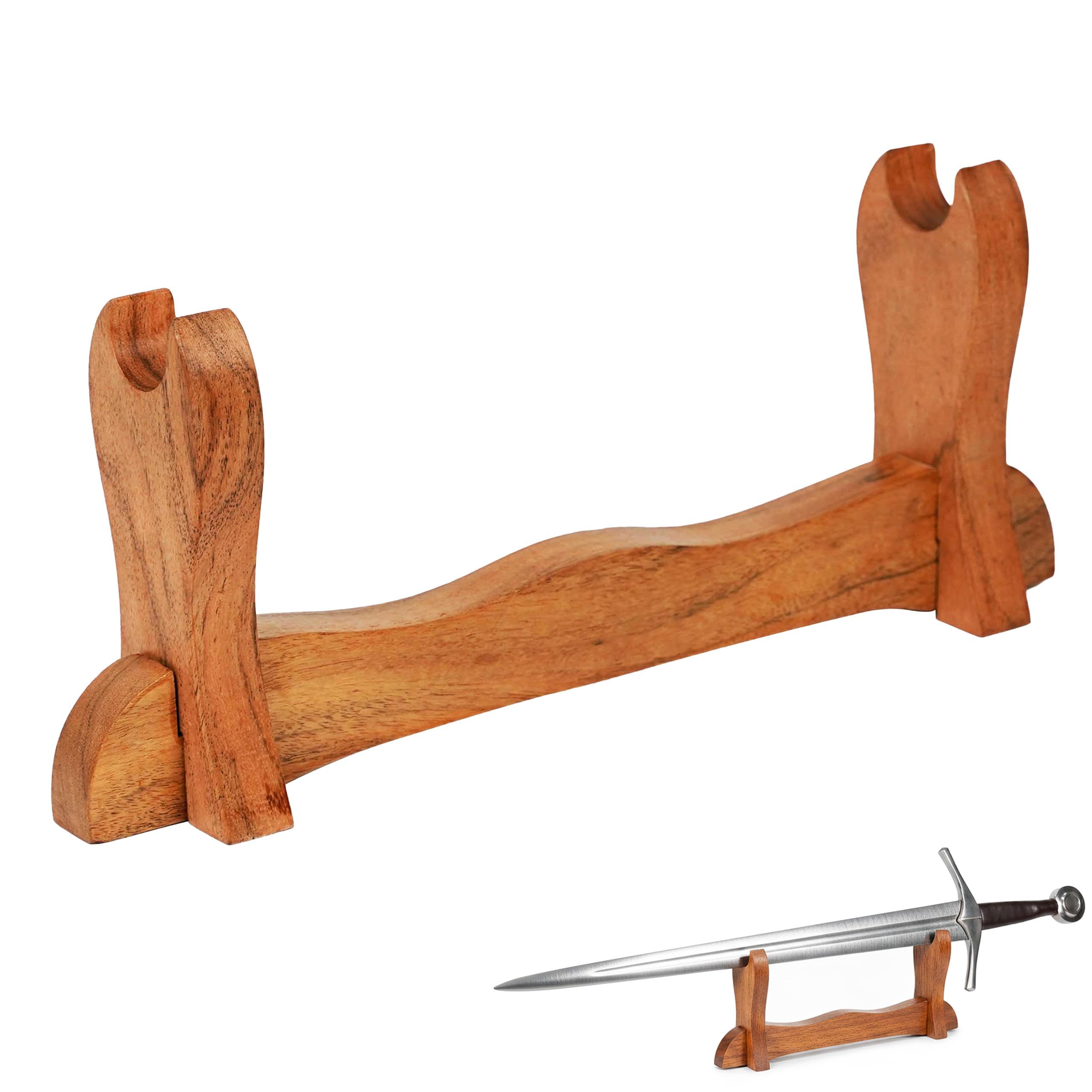 Mythrojan Brown Sword Holder Solid Wood Medieval Sword Stand Gladiator Sword Wall Display Sword Wall Mount Samurai Katana Crusader Knife Rack For Display - One Tier Stand