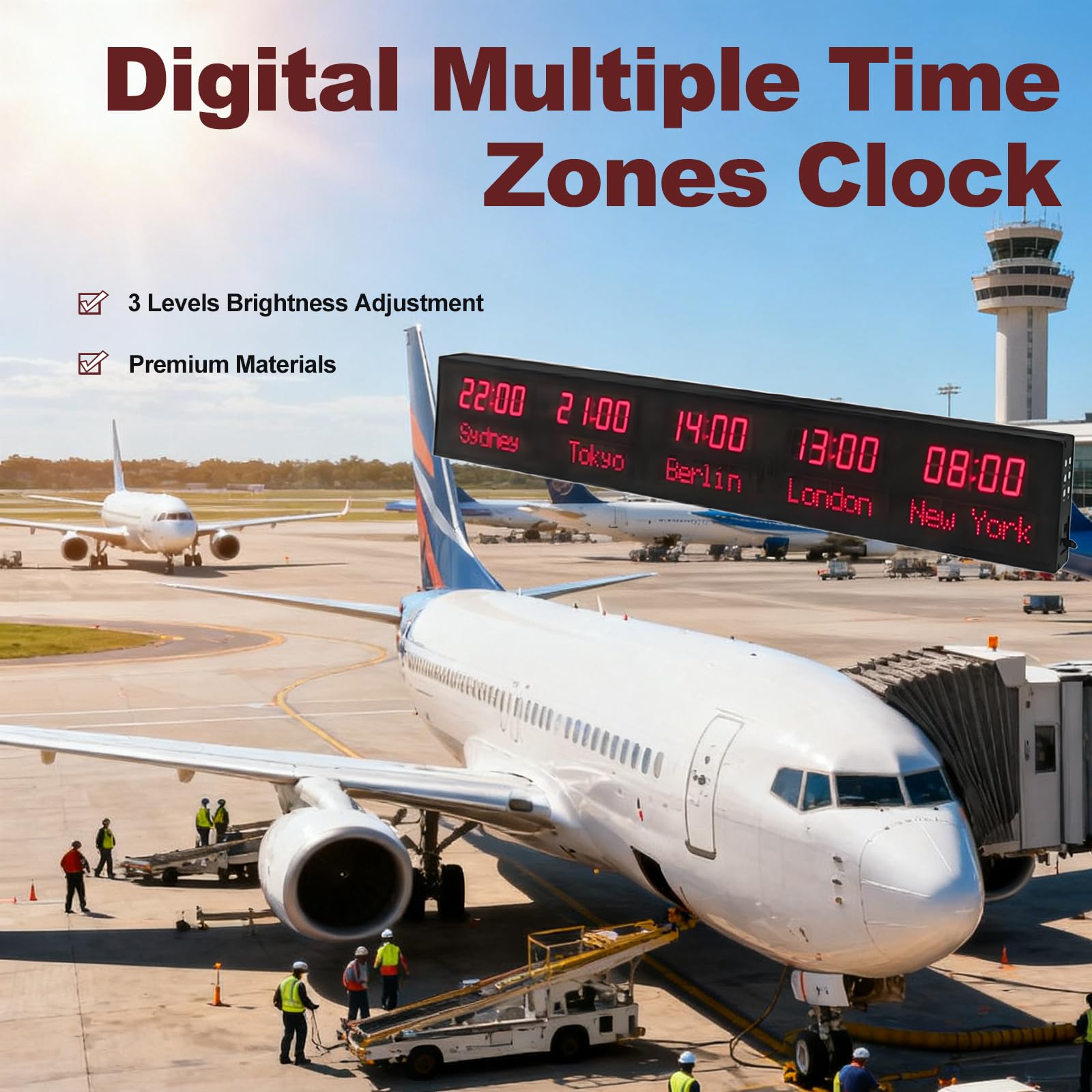 Orologio digitale mondiale, ampio display, luminosità regolabile, alloggiamento in alluminio, fuso orario per hotel, uffici, aeroporti