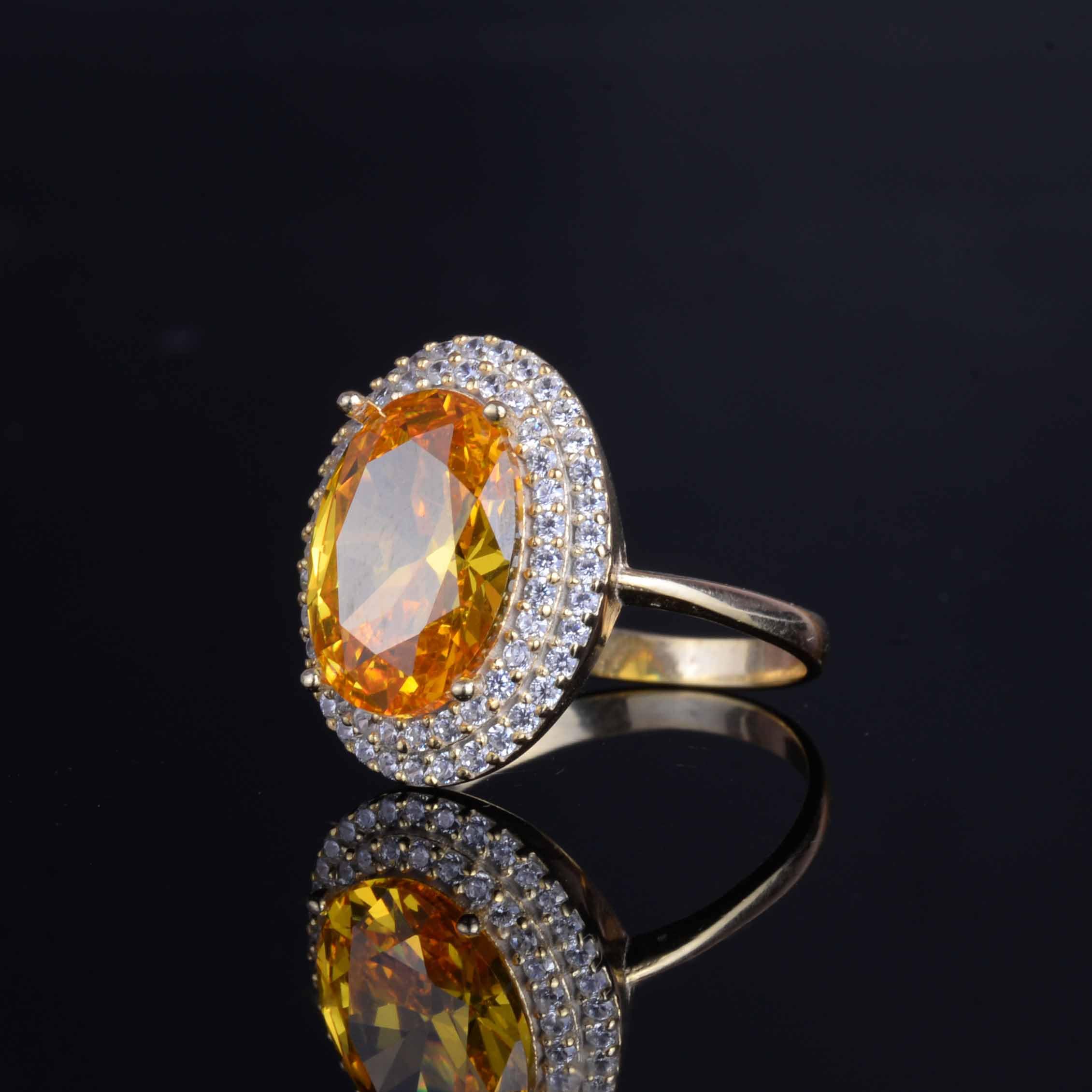 KAMBO Damen-Ring aus 925er Sterlingsilber mit erstelltem Citrin-Stein, eleganter vergoldeter Ring mit glänzendem Halo-Design, Silber, ohne Edelsteine, Silber, Kein Edelstein
