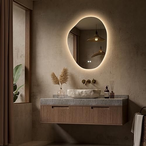 Miniatura 2 de Keonjinn Espejo retroiluminado irregular de 24 x 30 pulgadas, espejo de baño LED asimétrico con vidrio templado HD, controlador LED con