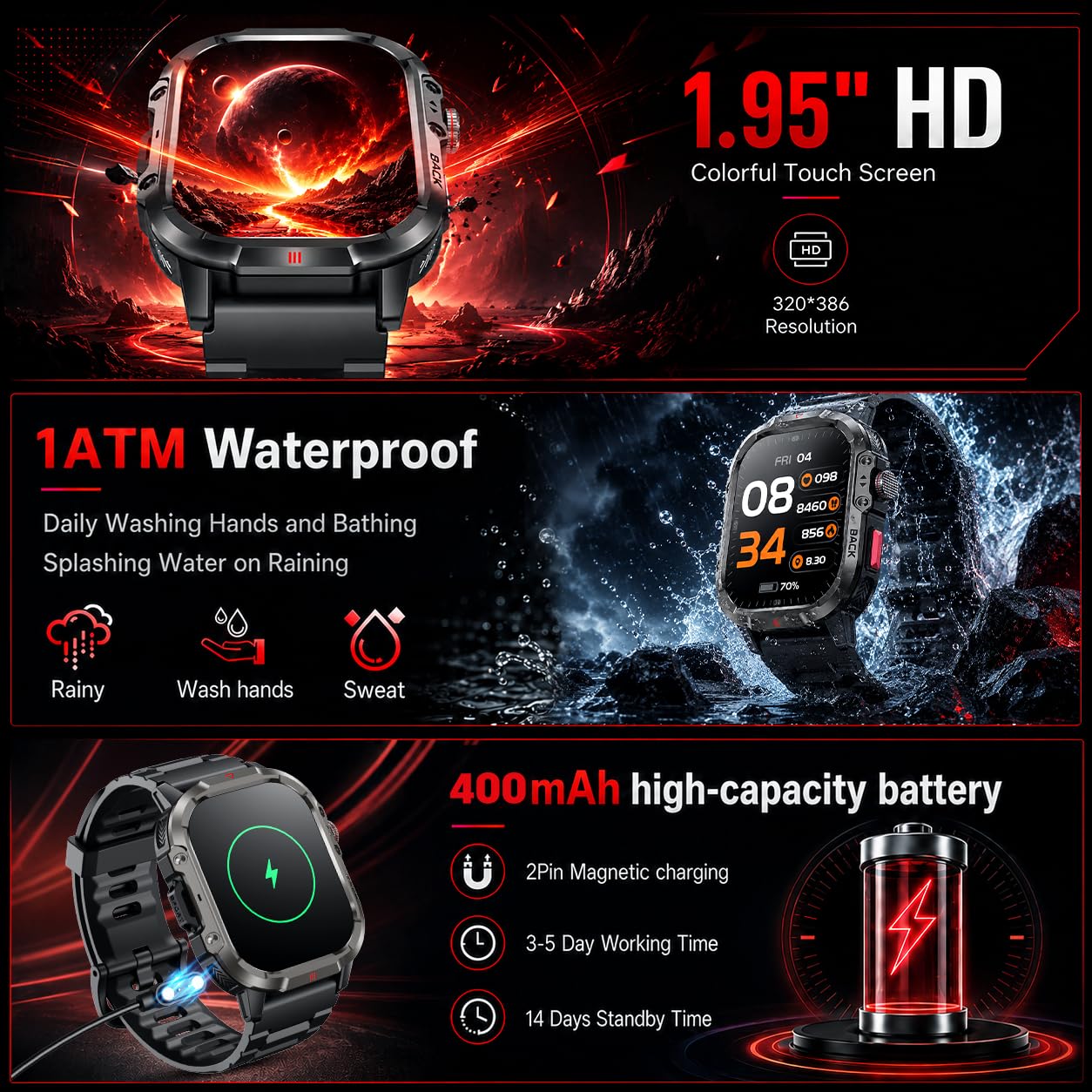 Orologio Smartwatch Uomo con GPS Tracker: 1.95" HD Smart Watch con Chiamate Bluetooth Torcia LED Cardiofrequenzimetro SpO2 Sonno Impermeabile 100+ Fitness Sport Contapassi Watches per IOS e Android