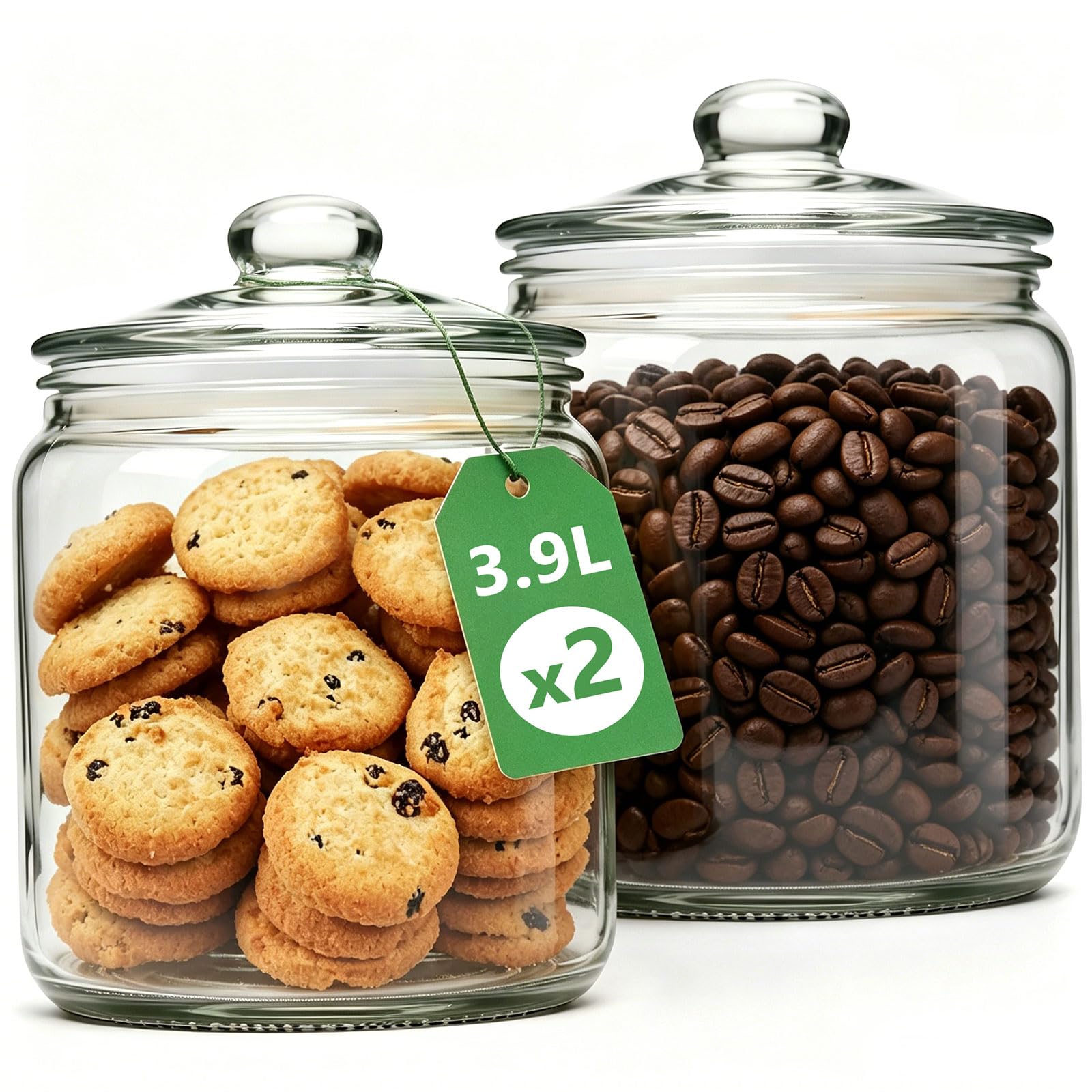 MASTERTOP Glass Biscuit Storage Jar with Seal Lid - 2 x 3.9L,Food Grade Clear Glass Dry Food Canister,Multi-Purpose Container for Biscuits,Cookie,Sweets,Cereal,Pasta,Pantry&Bathroom Home Organisation