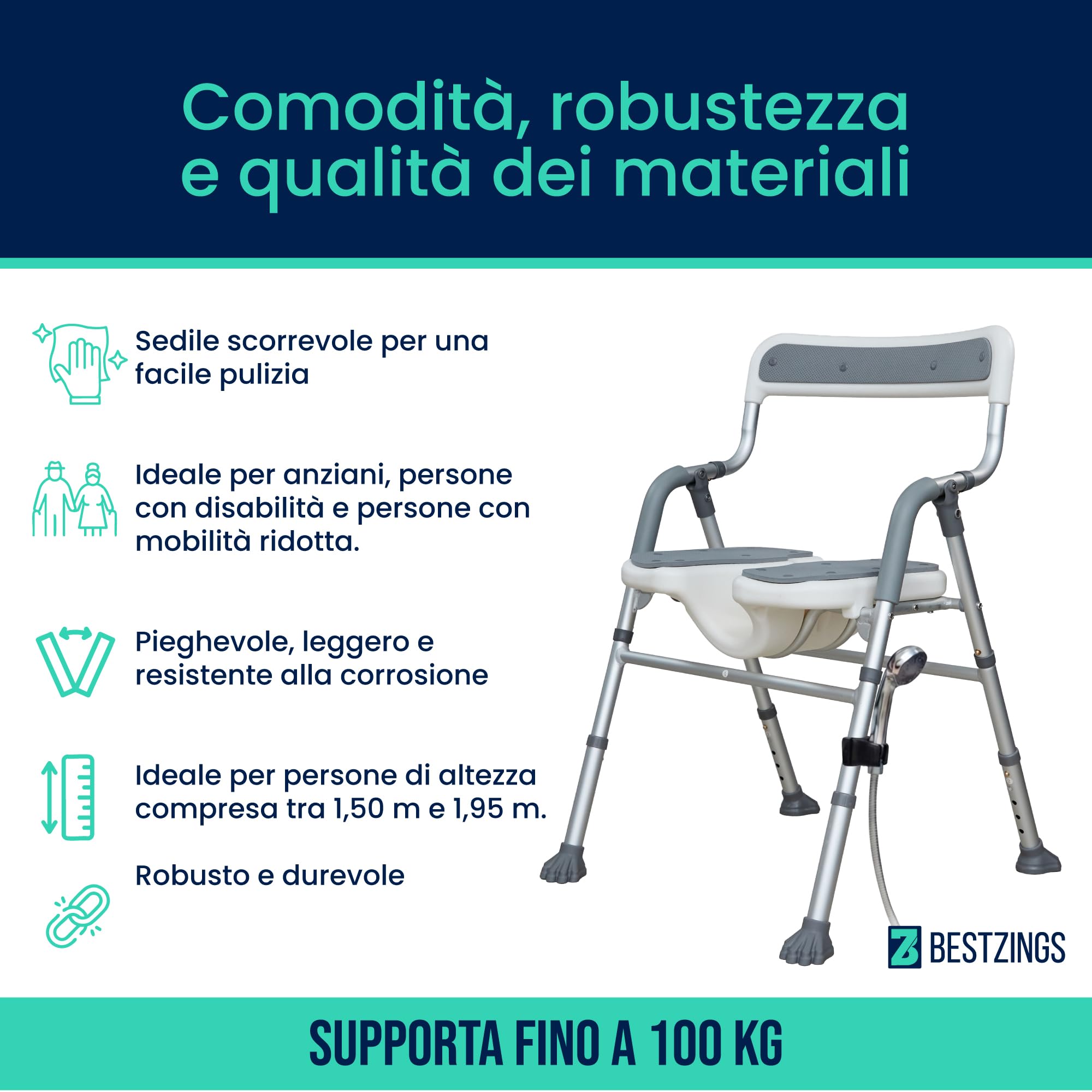 Sedia Doccia Anziani e Disabili, Sedia per Doccia e Sedia da Doccia Pieghevole, Seggiolino Doccia, Sedile per Doccia, Sgabello Doccia Regolabile con Schienale, 100 kg