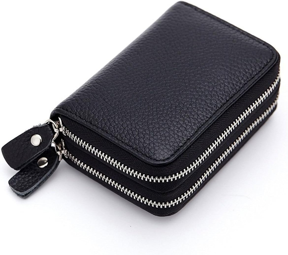 Ailzos Credit Card Wallet,RFID Blocking Leather Credit Card Holder and Double Zipper Credit Card Wallet for Women and Men,Black