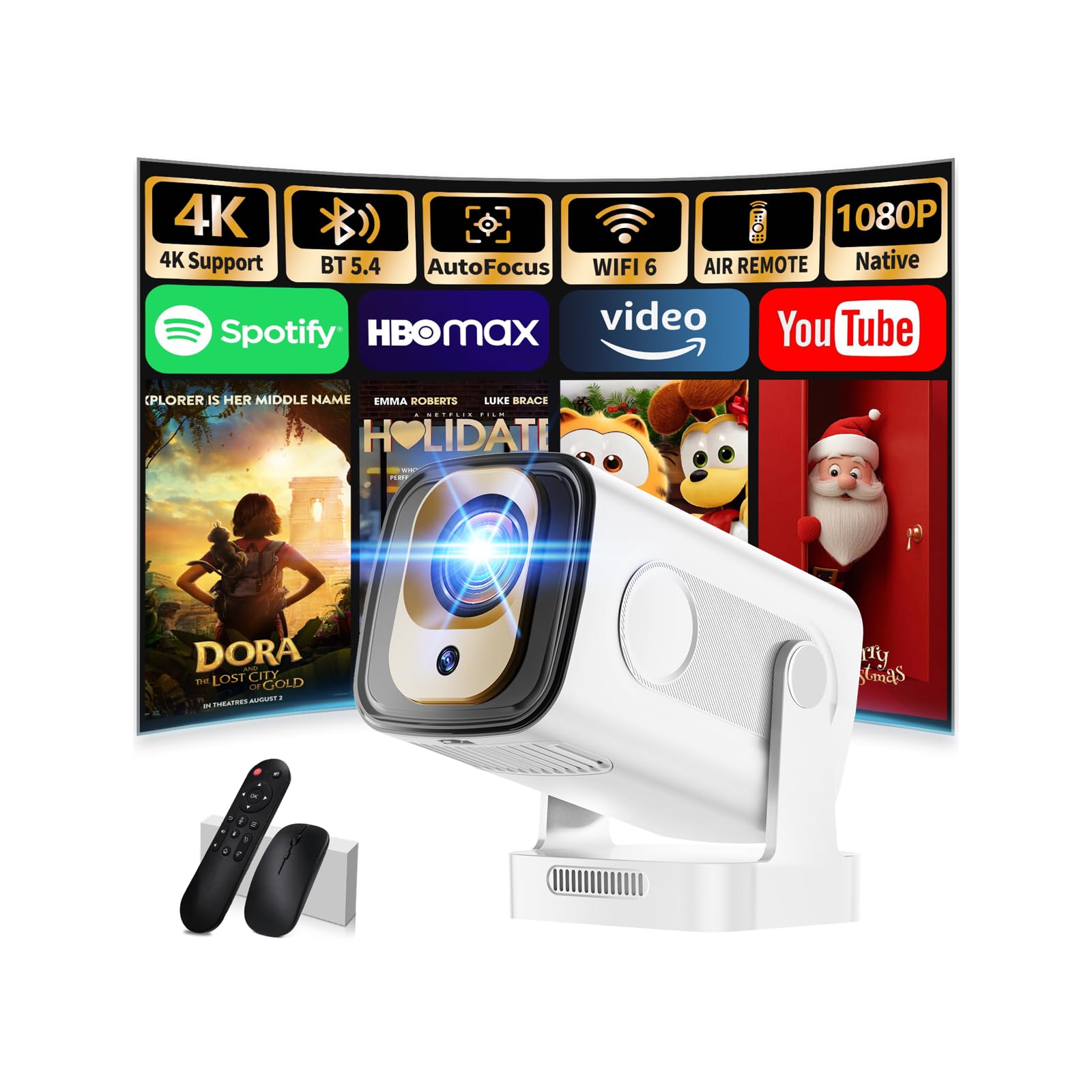 Proiettore 1080P FHD[2026 Upgraded] Mini Proiettore Portatile 4K con Bluetooth 5.4 WiFi 6 Projector TV Auto Keystone Videoproiettore con HDMI/Phone/USB/TV Stick/Laptopcon Cavo HDMI & Mouse,Bianco