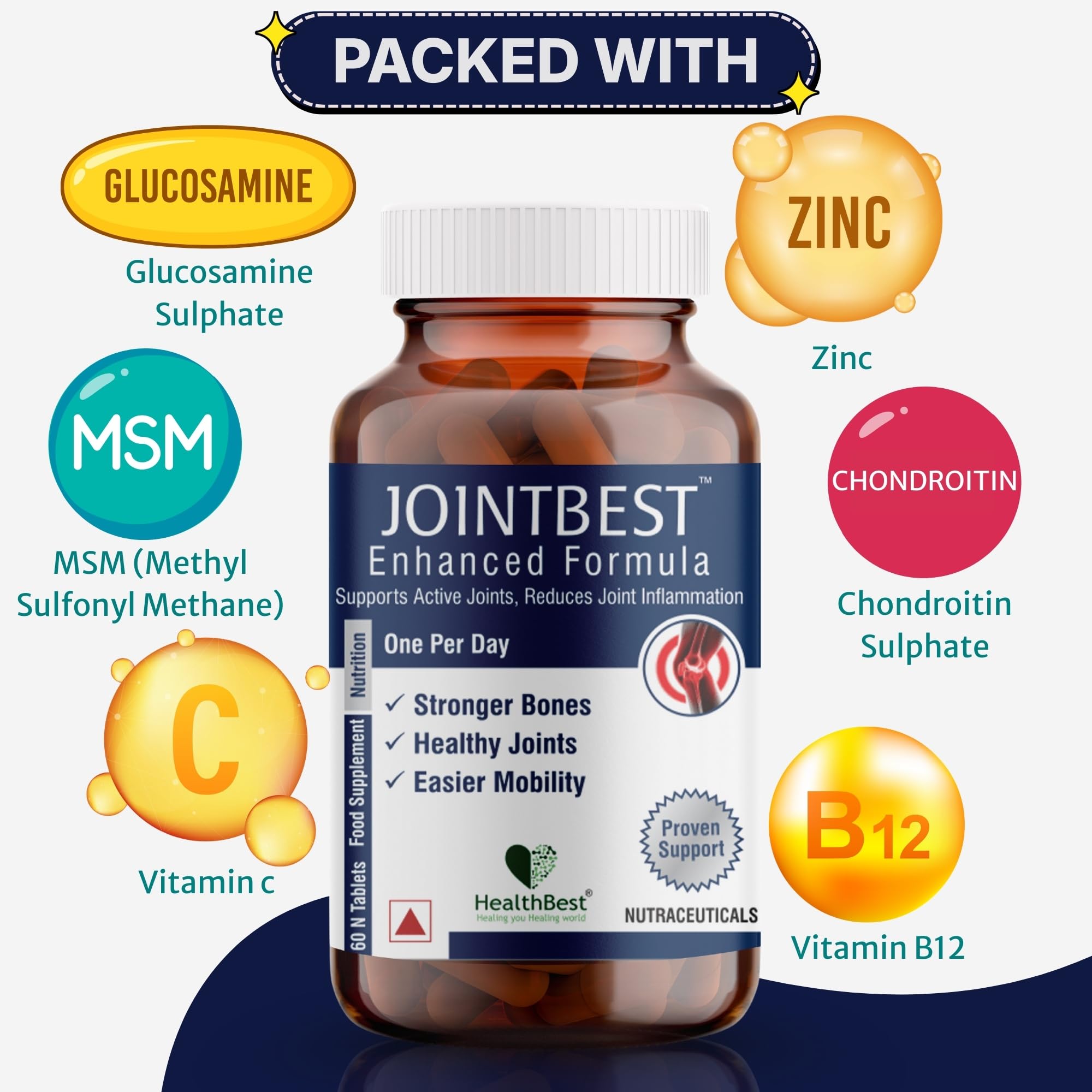HealthBest Joint Support Supplement - 120 Glucosamine Tablets with Chondroitin, MSM, Vitamin C, D3, B12 for Joint Strength, Pain Relief & Flexibility 1