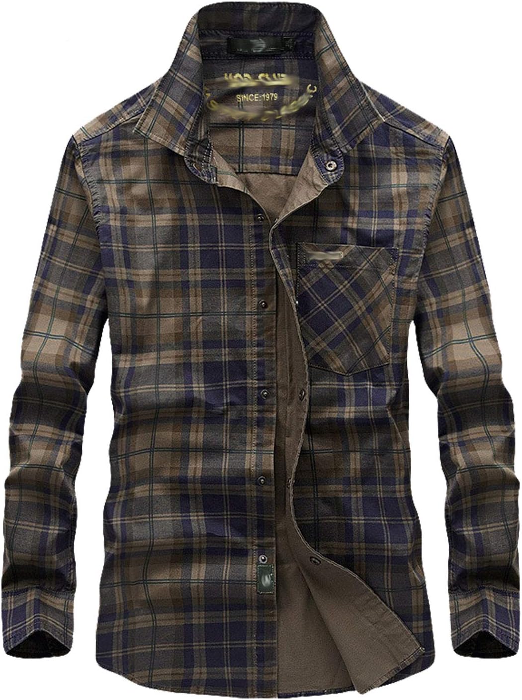 Flygo Men's Casual Long Sleeve Plaid Button Down Shirt (Large, Army Green)