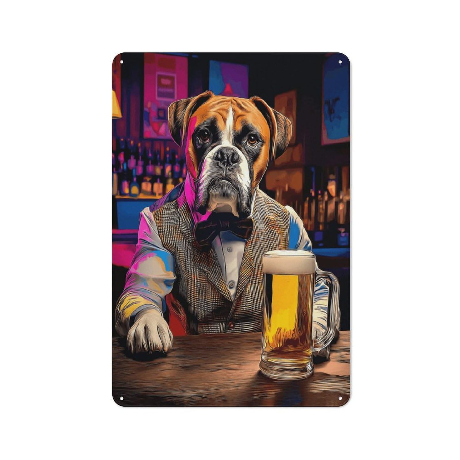 Shop Front Style Boxer Dog in Bar with Beer Mug Decorative Metal Plaque 30x20cm, Shop Wall Decor for Cafe, Bistro, Bakery Or Restaurant