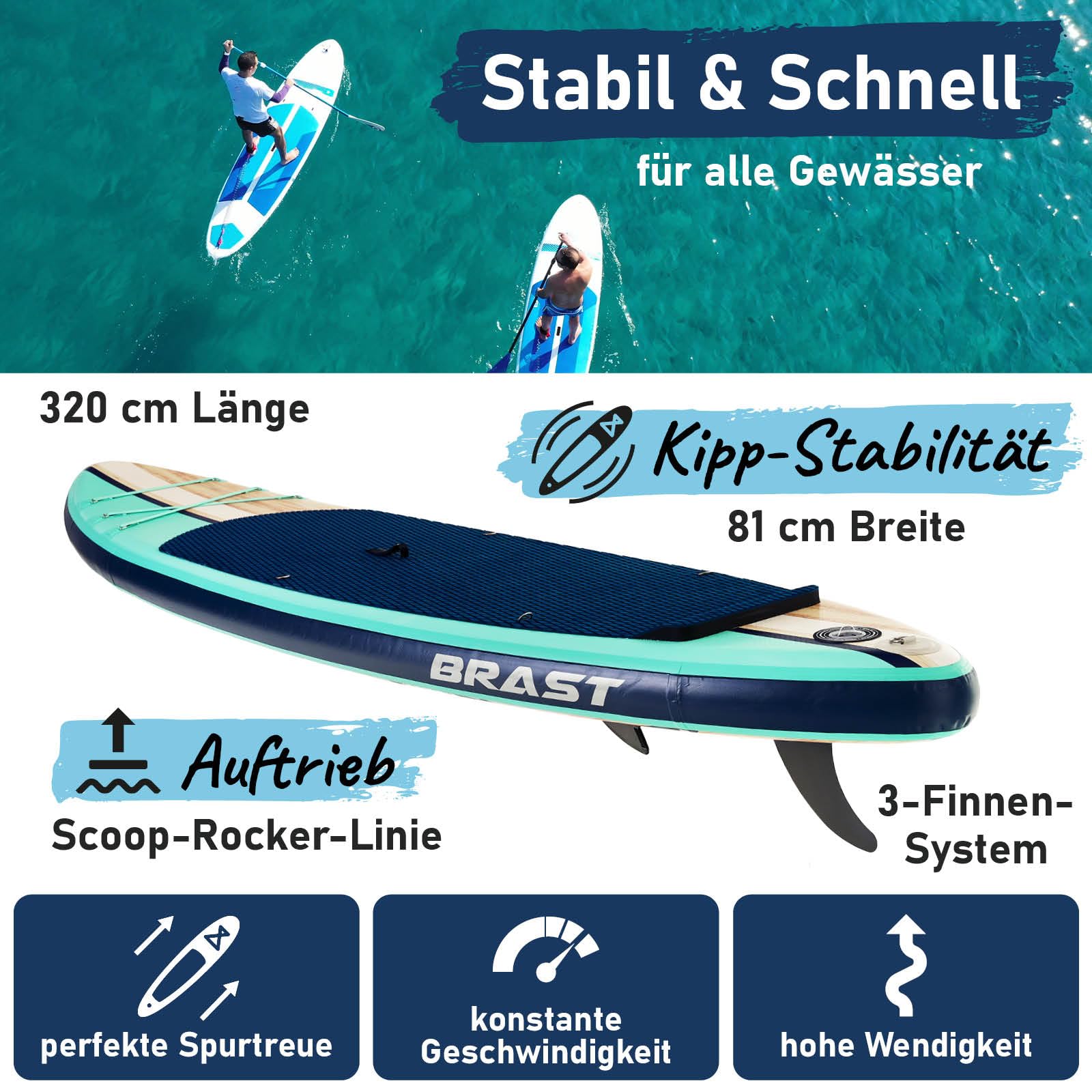 BRAST SUP Board Shark | Aufblasbares Stand up Paddle Set | 320x81x15cm | 8 Designs | 5 Jahre Garantie | inkl. Sonderzubehör | 2in1 Paddel Kajak-Sitz Action-Cam-Halterung Fußschlaufe Pumpe Rucksack