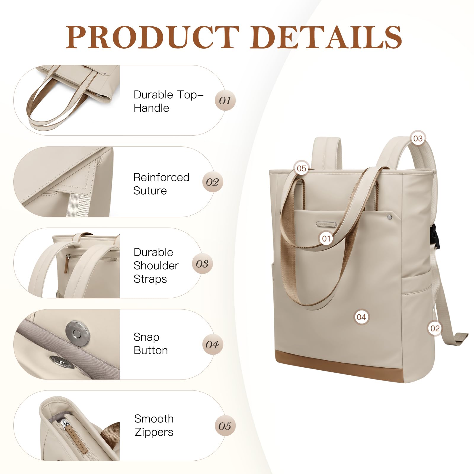 Sac à Dos Ordinateur Portable Femme 16 Pouces, Elegant Antivol 2 en 1 Sac à Main à Bandoulière Sac a Dos PC Portable pour College Loisir Voyage Affaire Travail, Abricot