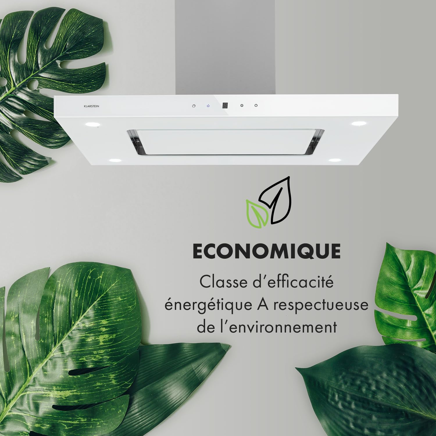 Klarstein Valeria Hotte Îlot - 230W, débit max. 642 m³/h, 3 niveaux de puissance, éclairage LED, panneau tactile, verre, inox, éco-énergétique, PureAmbience Concept, blanc