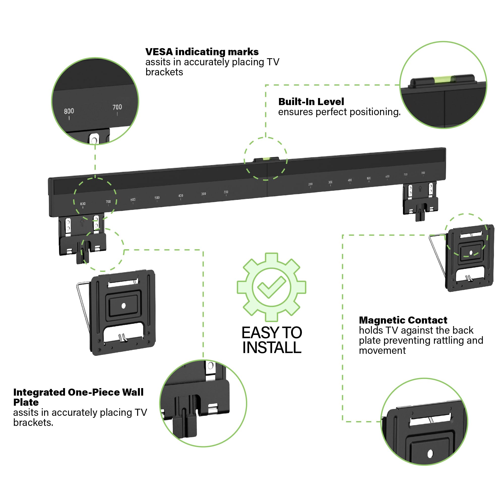 Soporte de Pared Ultra Delgado con Micro Espacio para televisores de 43-100 Pulgadas, Vesa 200 x 200-800 x 600, 165 Libras, Solo Perfil 0.37, Soporte, contactos magnéticos, Herramientas y Nivel de