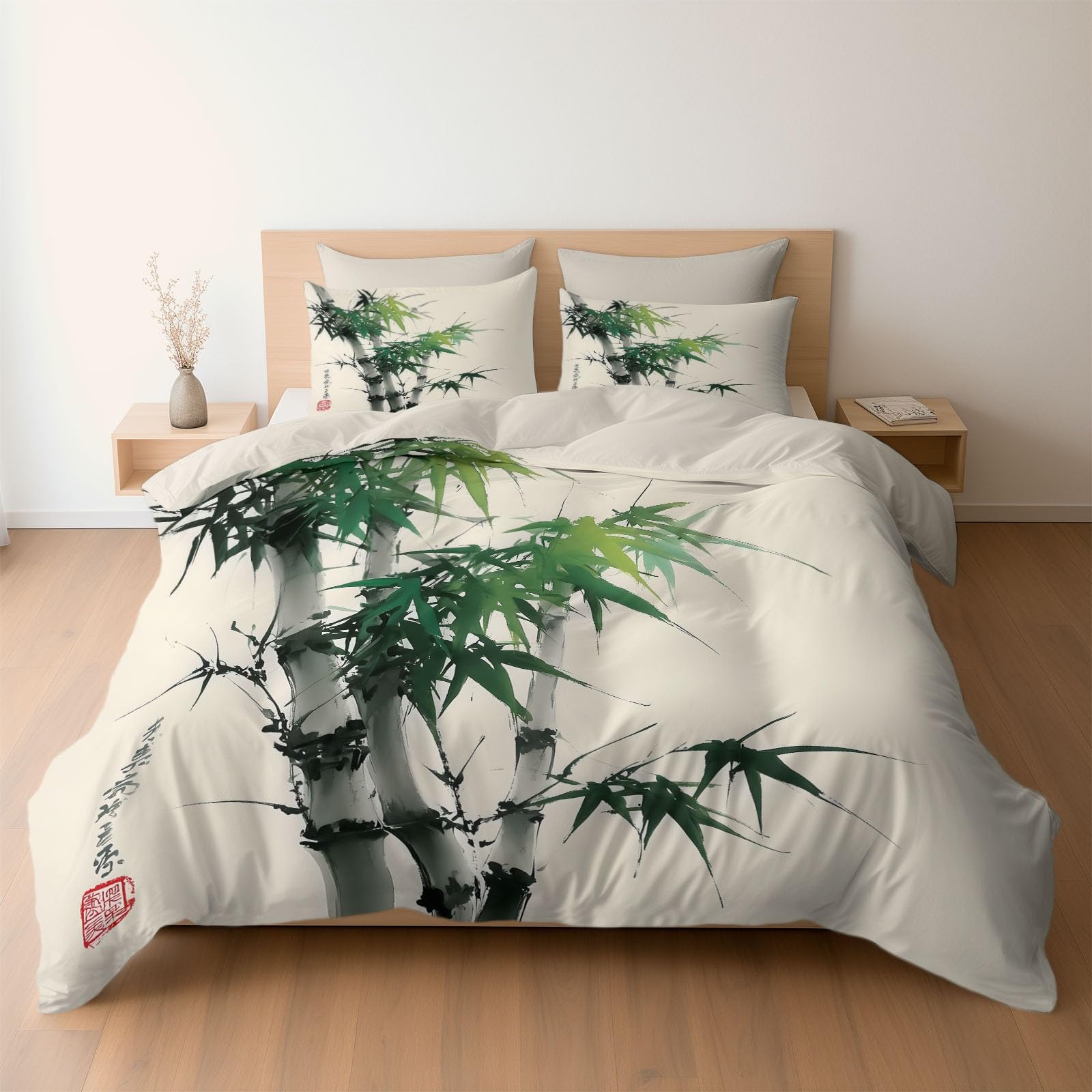Generisch Traditionelles Design Grüne Bambusblätter Schlichtes 3-teiliges Bettwäsche-Set, 1 Bettbezug 180 x 200 cm und 2 Kissenbezüge 80 x 80 cm,aus bügelfreier Mikrofaser Beige