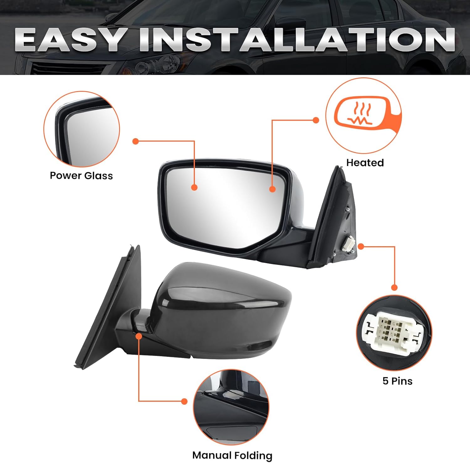 Left Driver Side Mirror Compatible with Honda Accord 2008 2009 2010 2011 2012 Power Manual Folding Heated Door Mirrors Paint to Match 5 Pins