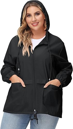 Miniatura 3 de Avoogue Chubasquero de talla grande para mujer, chaqueta impermeable para lluvia, plegable, rompevientos con capucha para exteriores