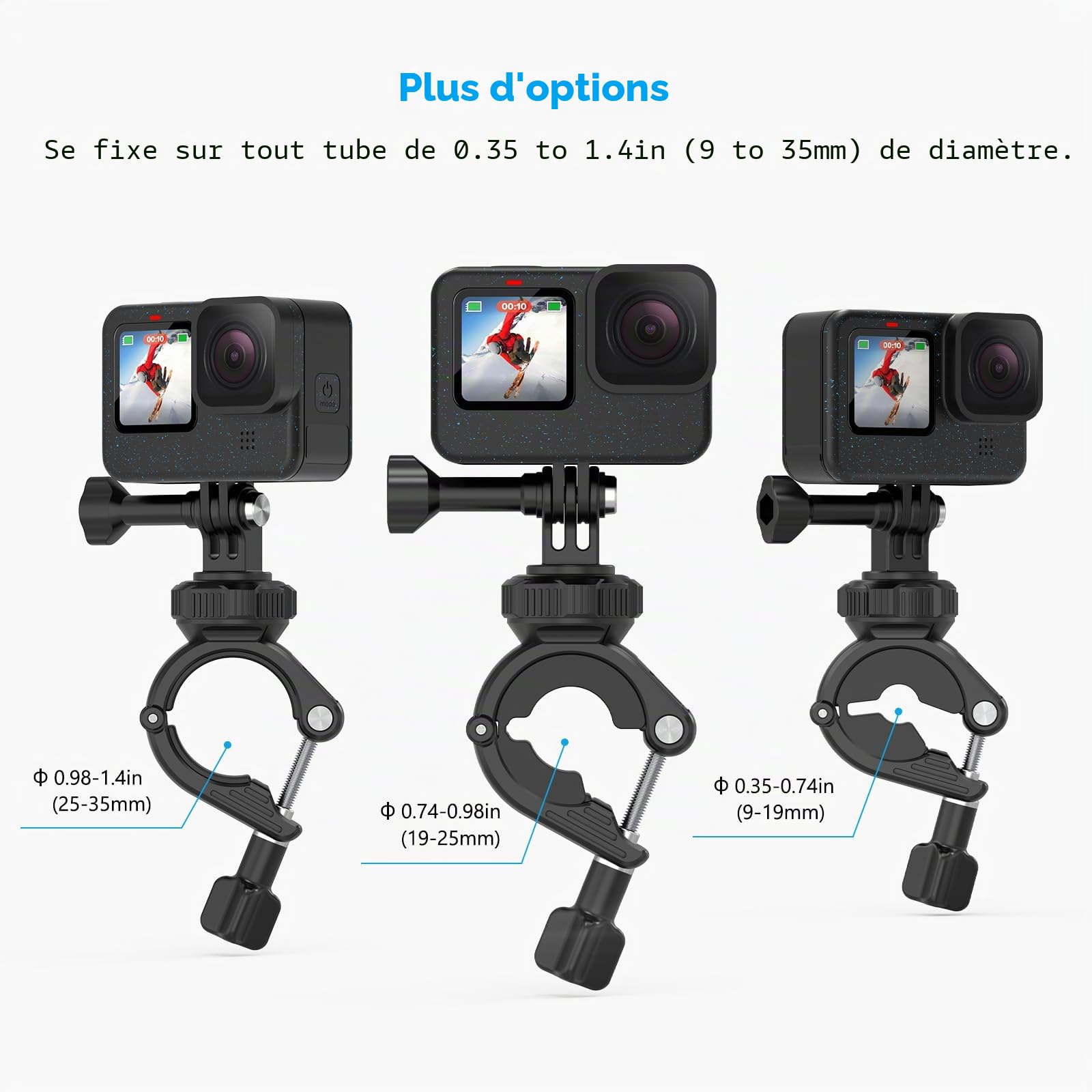 Clamp Guidon Montage de Moto et Vélo Support de Pince Tube Fixation Compatible avec GoPro Hero 13 12 11 10 9 8 7 6 5 Session DJI Caméras d'action - Pivote à 360
