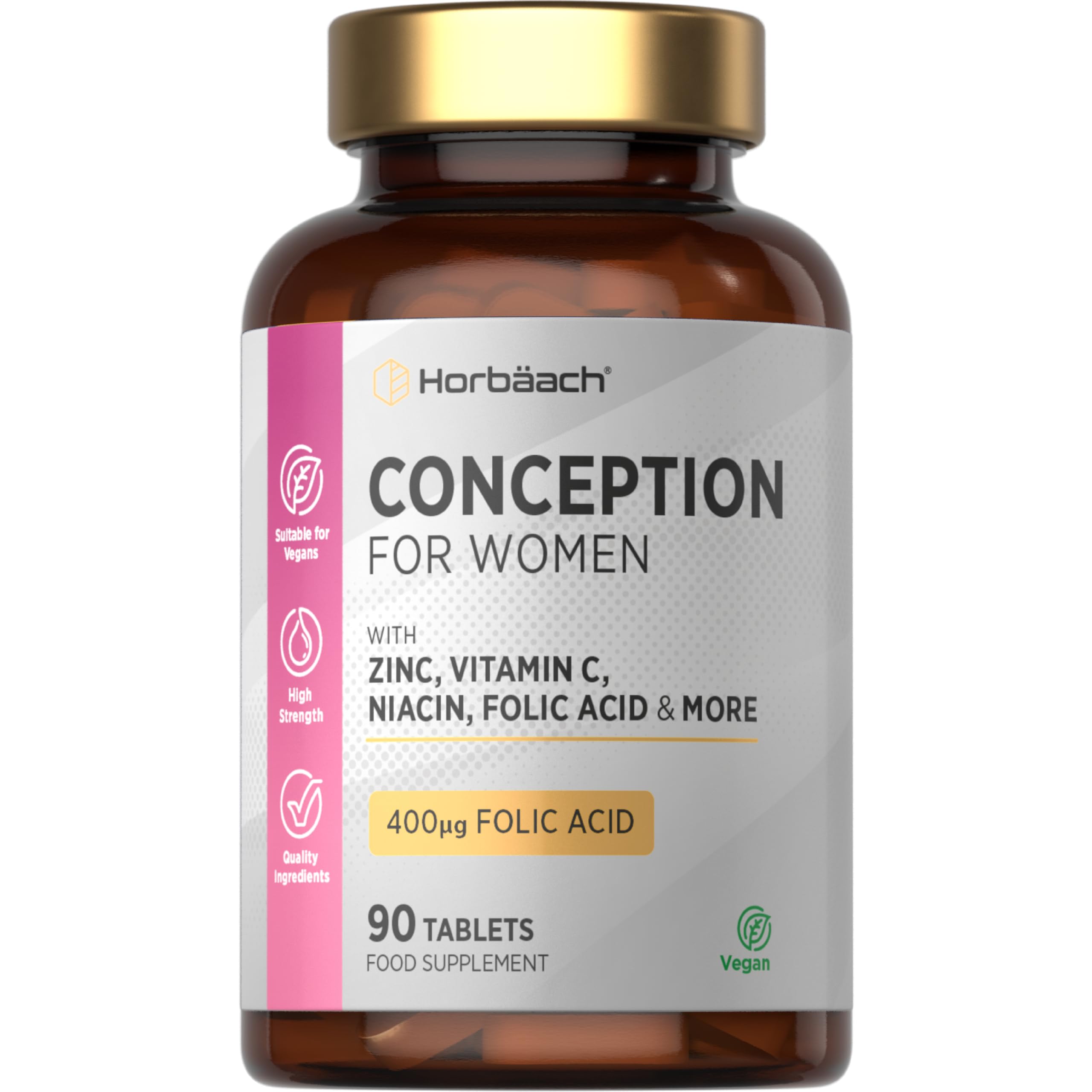 Conception Vitamins for Women | 400µg Folic Acid for Fertility Support - 3 Months Supply | Multivitamin & Mineral Formula with Vitamin C, Iron, Zinc & More! | 90 Vegan Tablets | by Horbaach